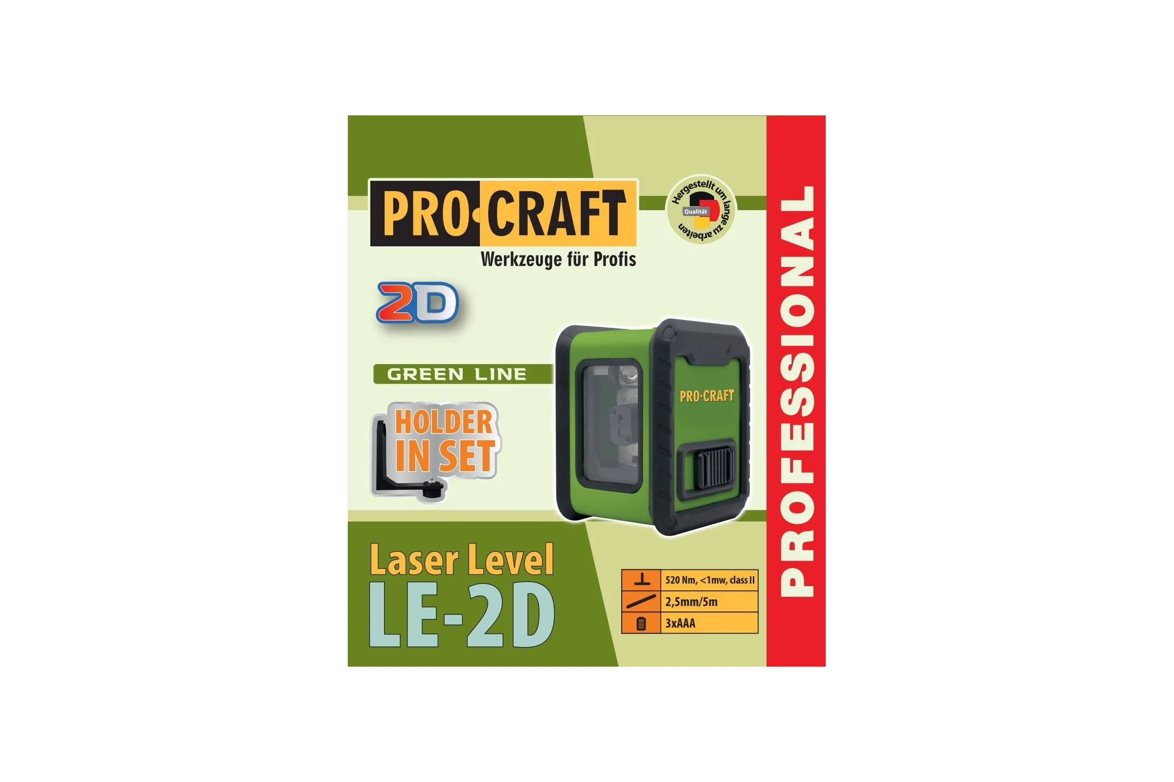 Лазерный уровень PROCRAFT 520нм, 0-10м, 2 луча LE2D