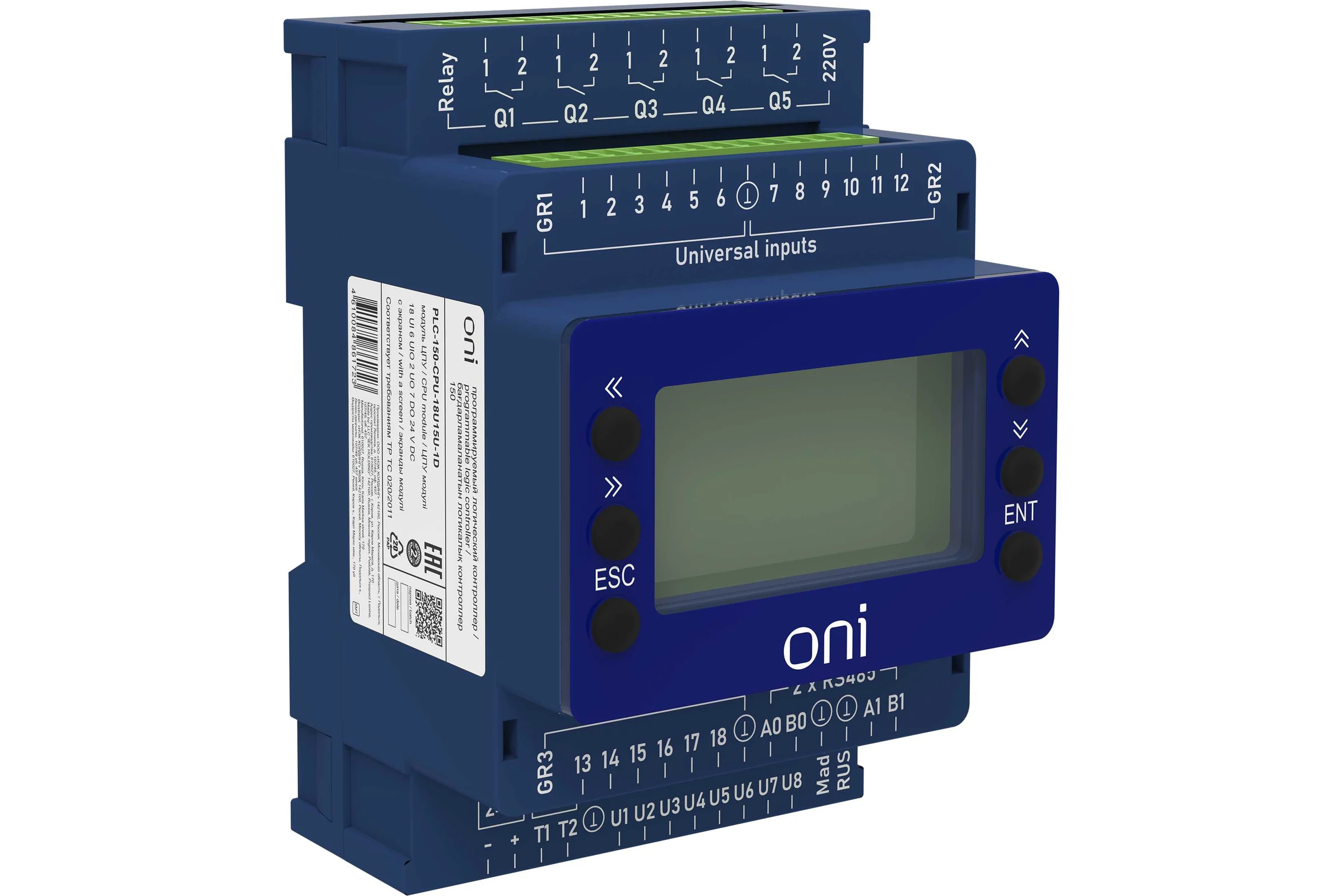 Модуль ONI ПЛК 150 ЦПУ 18 UI 6 UIO 2 UO 7 DO 24В DC с экраном PLC-150-CPU-18U15U-1D