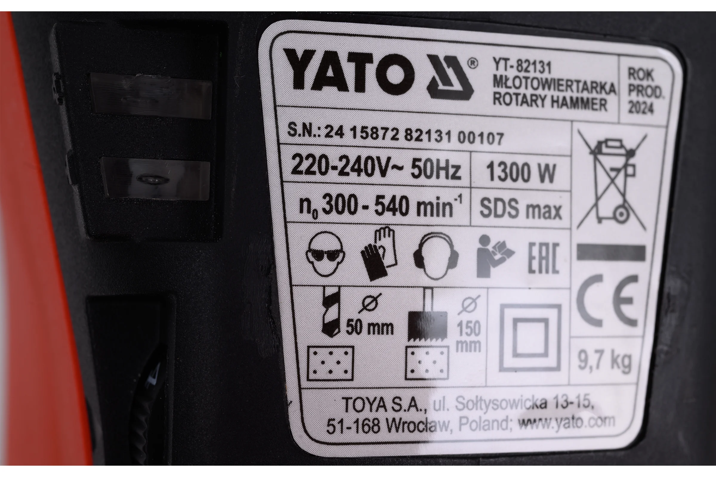 Электрический перфоратор YATO SDS MAX, 20 Дж, 1300 Вт YT-82131 370282131 092 1