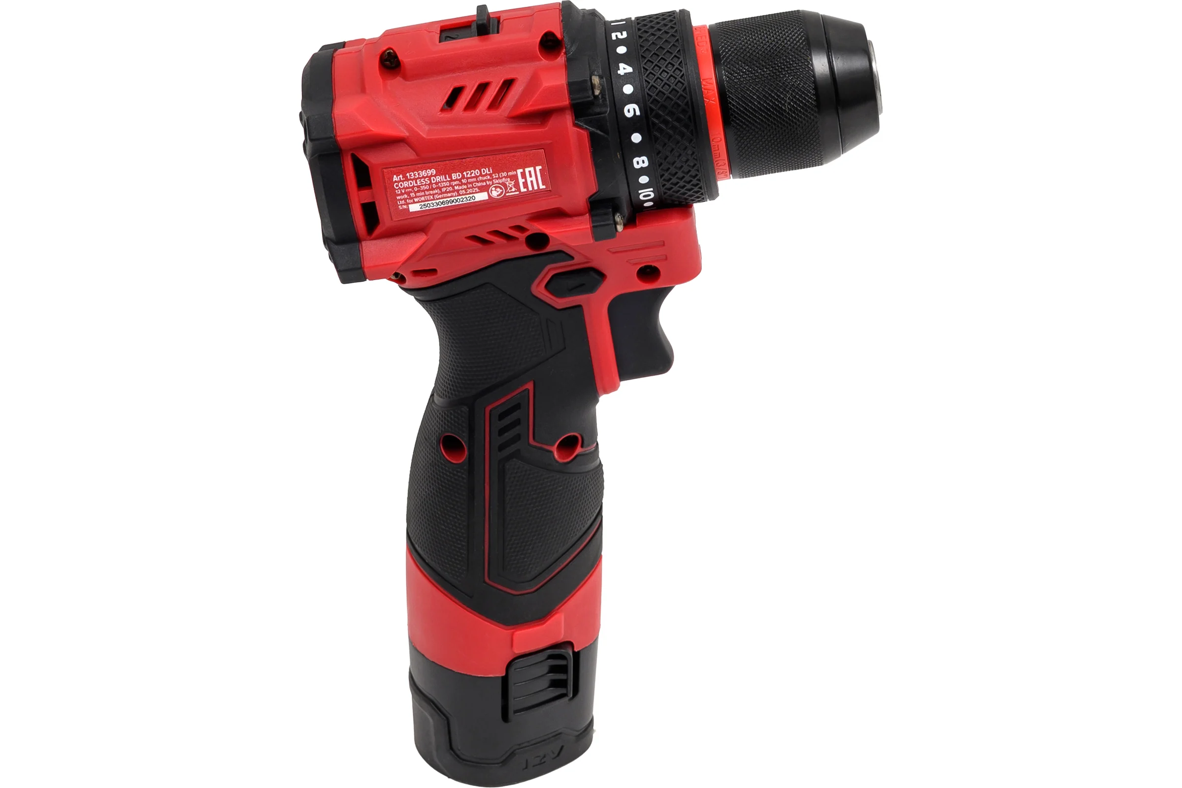 Аккумуляторная бесщеточная дрель-шуруповерт WORTEX LX BD 1220 DLi 12В, 30 Нм, 2*1.5 Ач, патрон 10 мм, 1333699