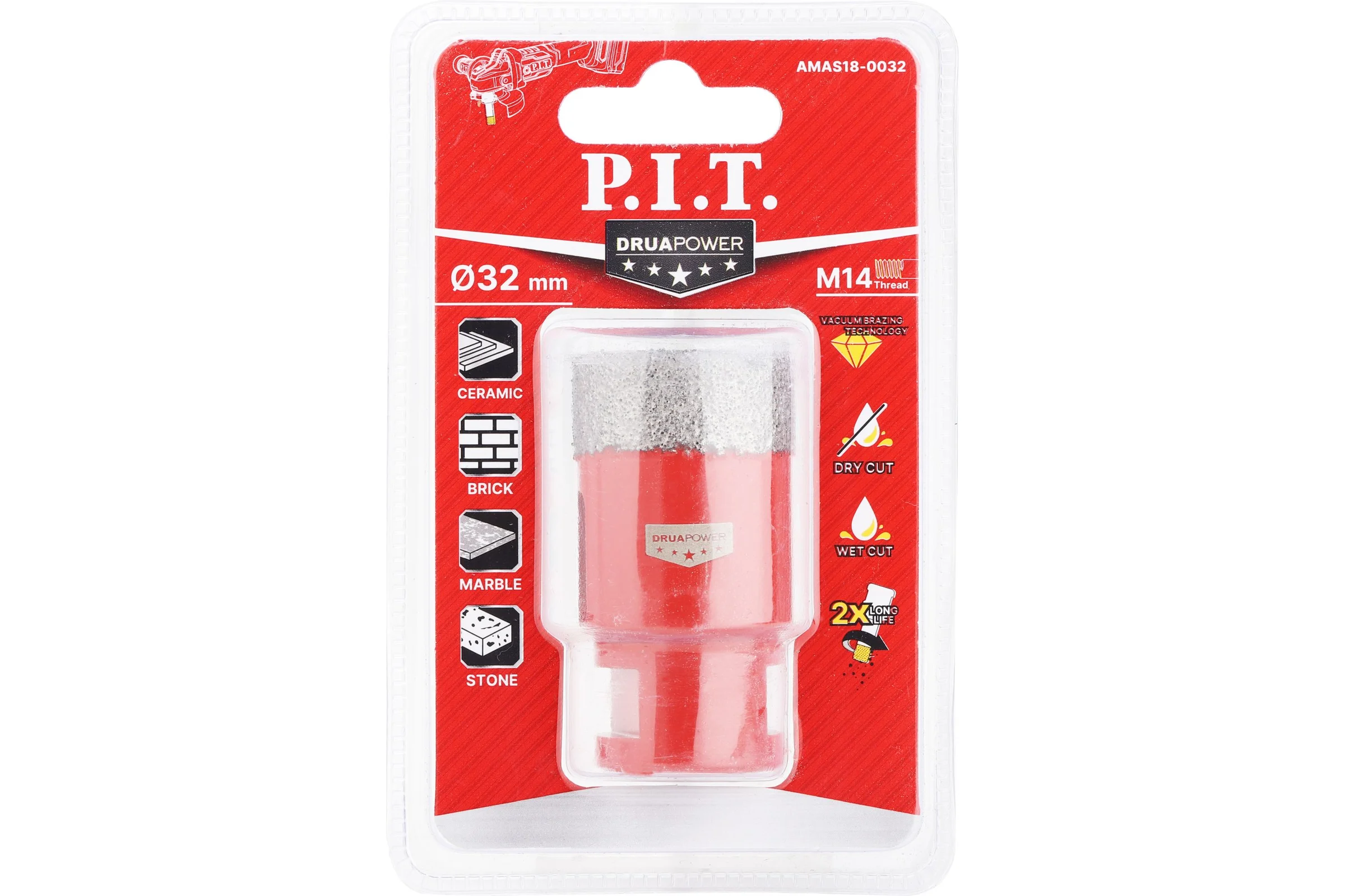 Коронка алмазная по керамограниту P.I.T. 32 мм, M14, сухое сверление, вакуумная пайка AMAS18-0032