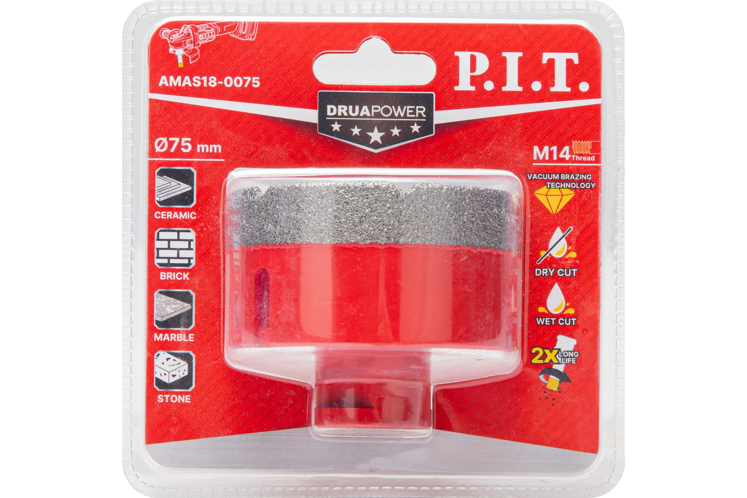 Коронка алмазная по керамограниту P.I.T. 75 мм, M14, сухое сверление, вакуумная пайка AMAS18-0075