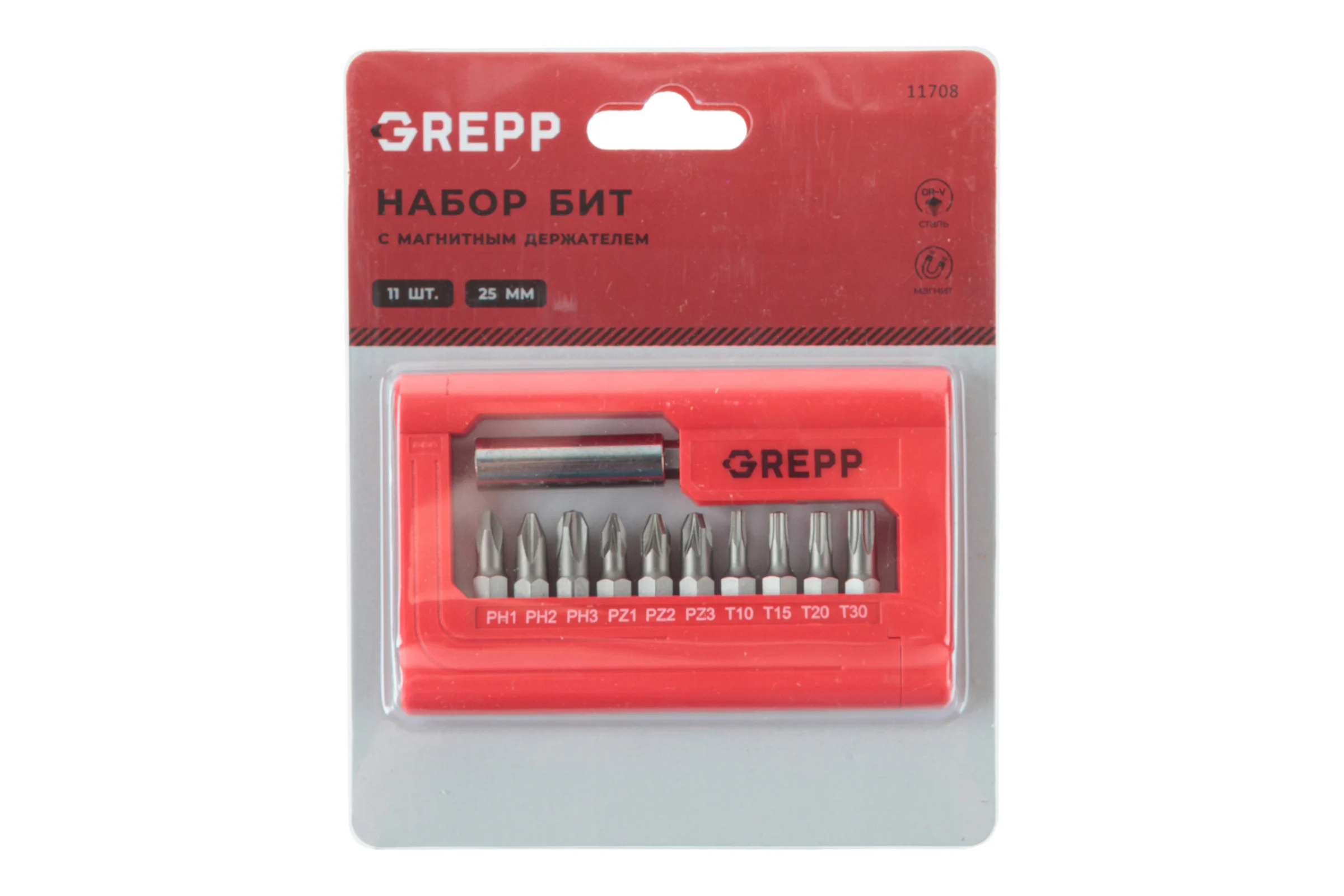 Набор бит с магнитным держателем GREPP (11шт) 11708