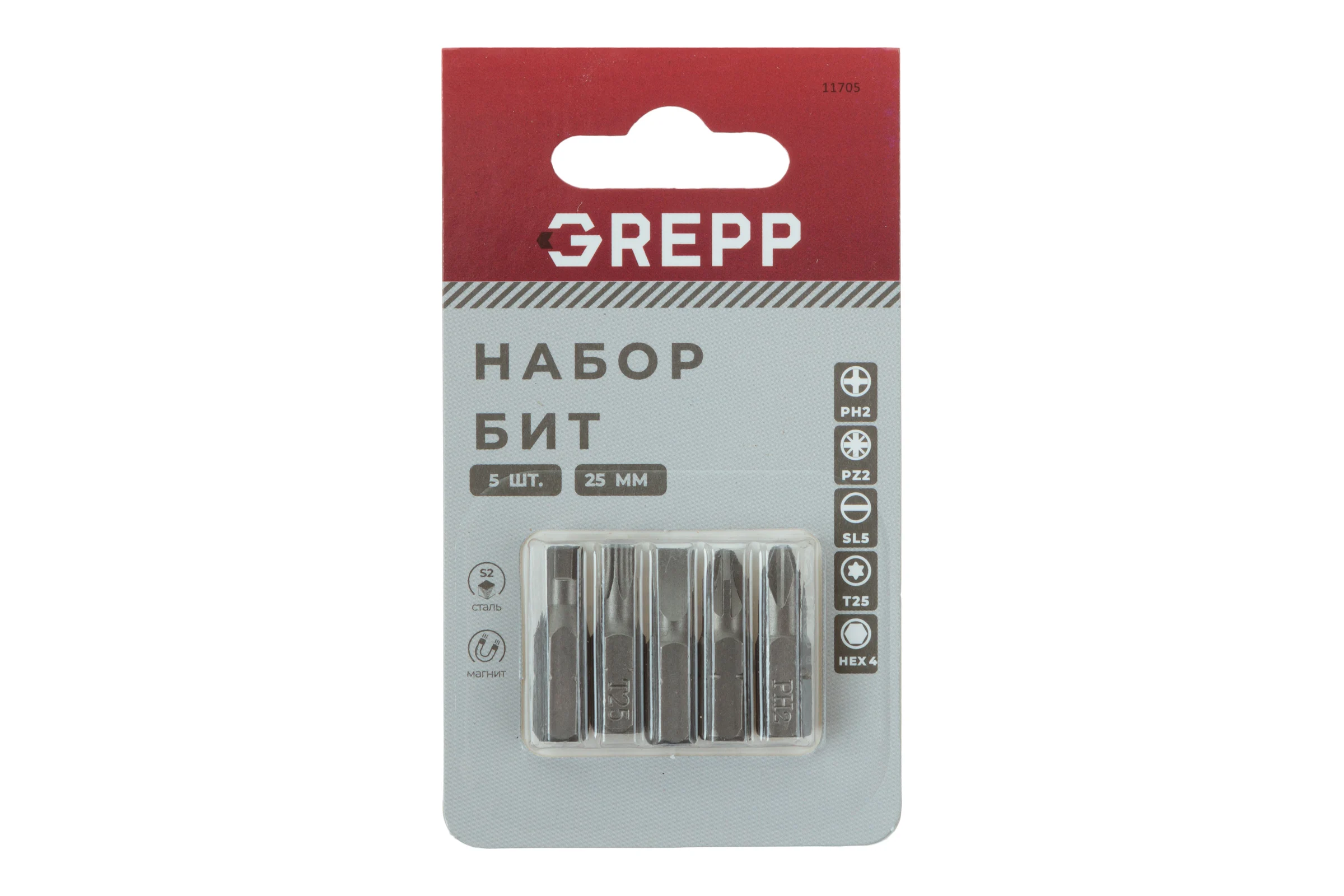 Набор бит GREPP PH2, PZ2, SL5, T25, H4x25 мм (5шт) 11705