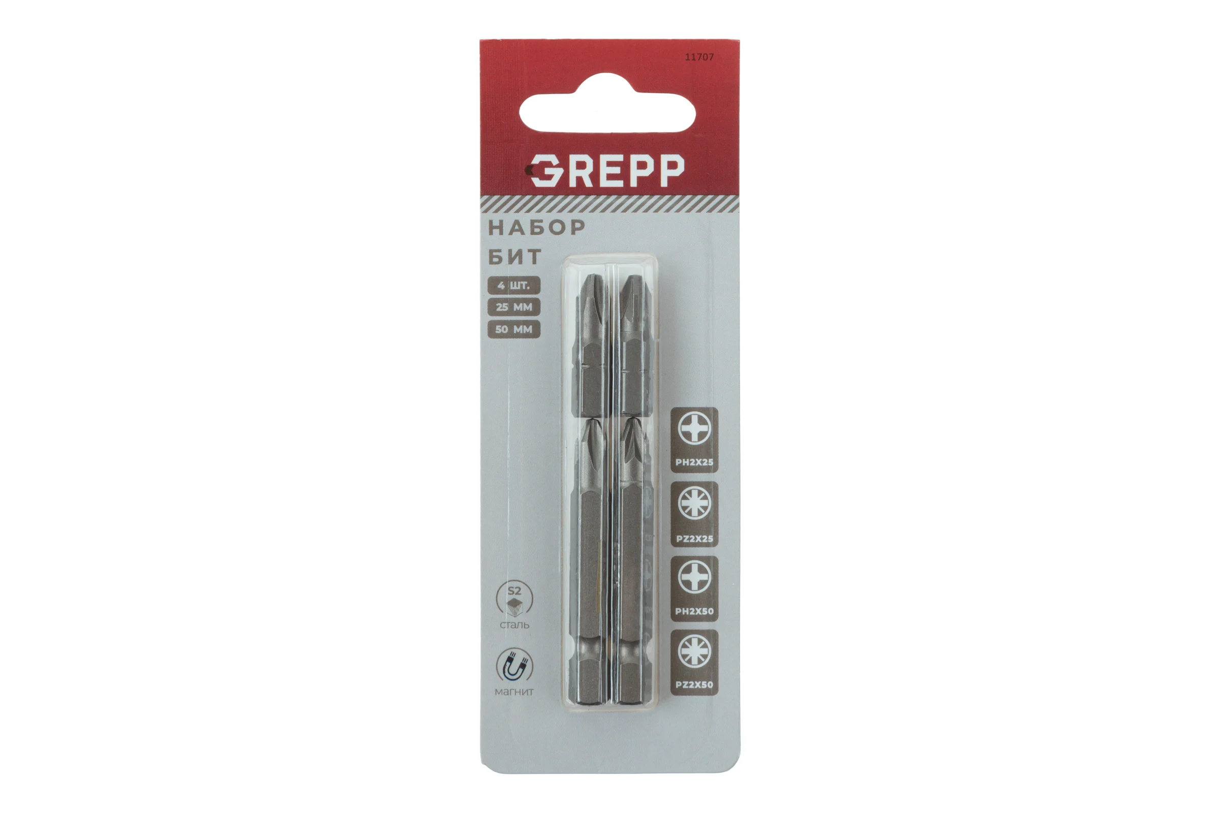 Набор бит GREPP PH2, PZ2x25, PH2, PZ2x50 мм (4шт) 11707