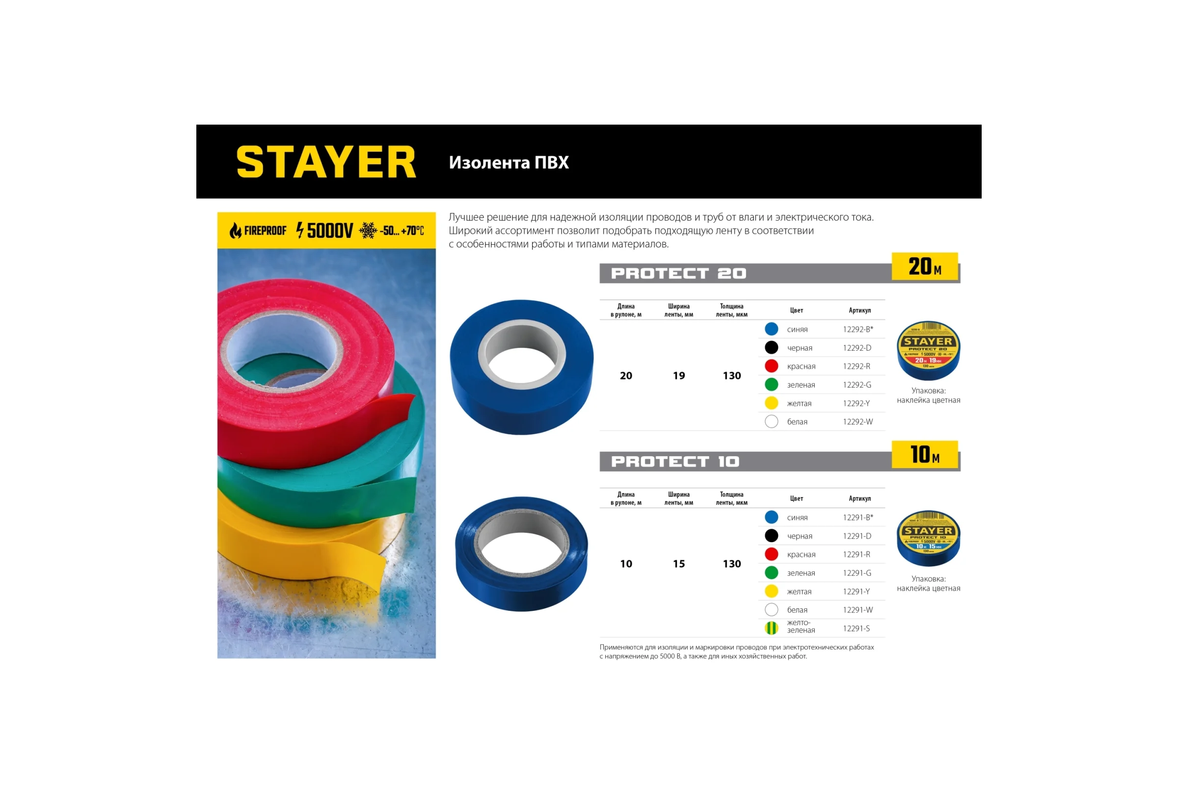 Изоляционная лента  ПВХ STAYER Protect-20 19 мм х 20 м, черная 12292-D
