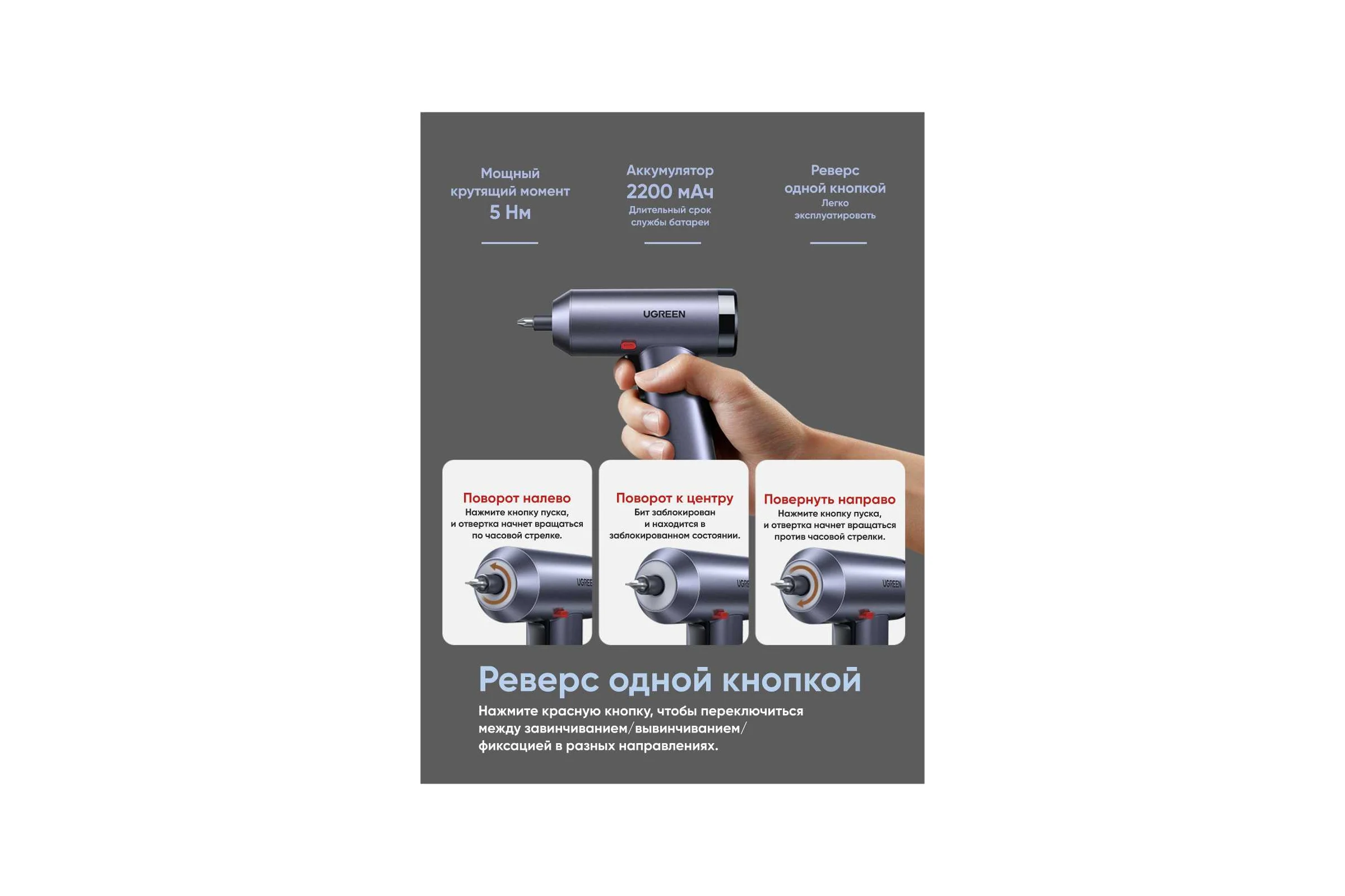 Шуруповерт с набором бит Ugreen UT118 Electric Screwdriver Set серый 15712_