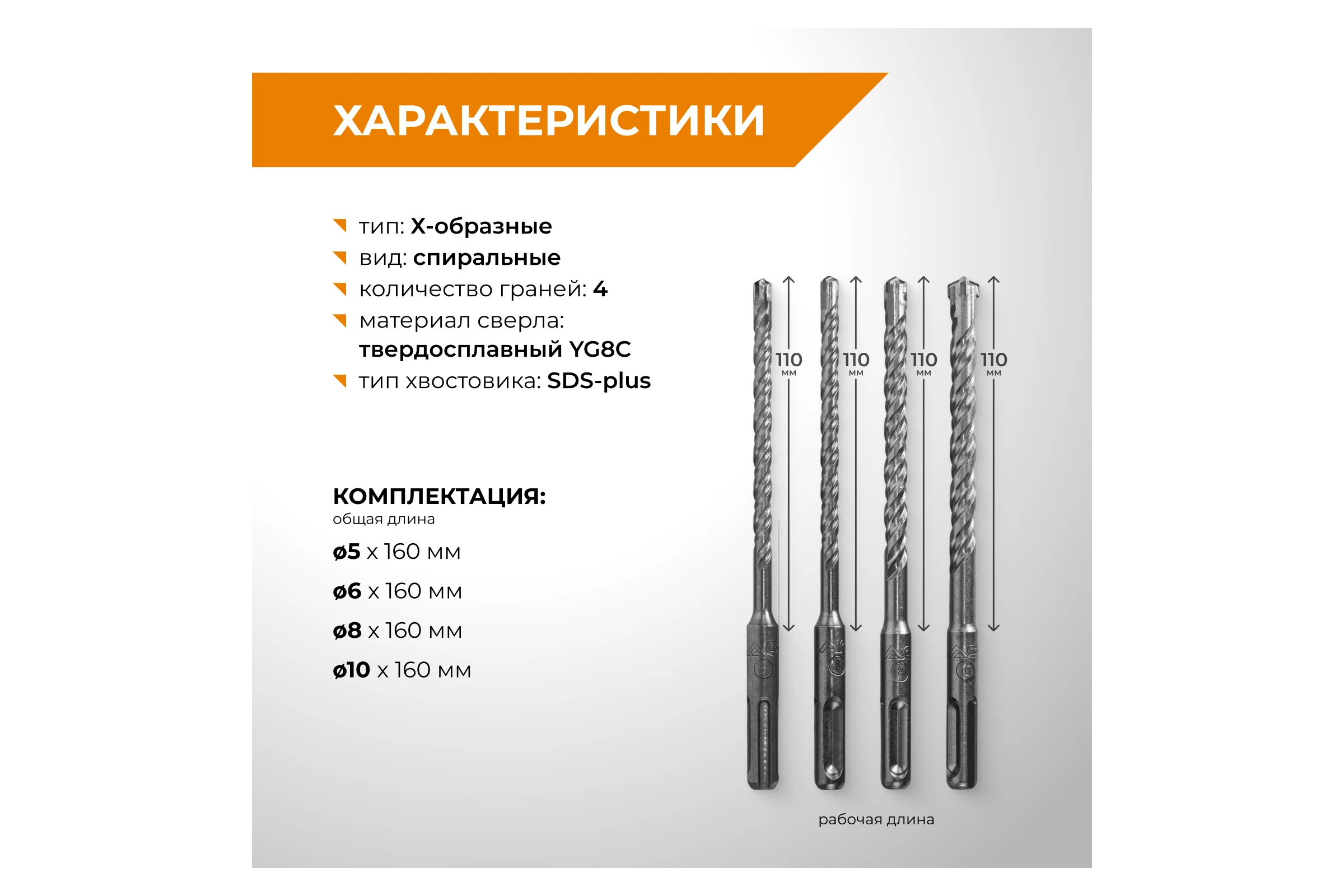 Набор буров по бетону RAGE 5,6,8,10x160 SDS-plus Quadro-X 564544