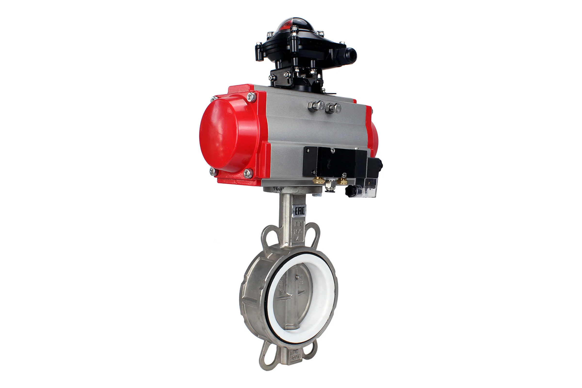 Затвор DN.ru 316L-316L-PTFE Ду250 Ру16 с пневмоприводом, пневмораспределителем, БКВ D050-00186