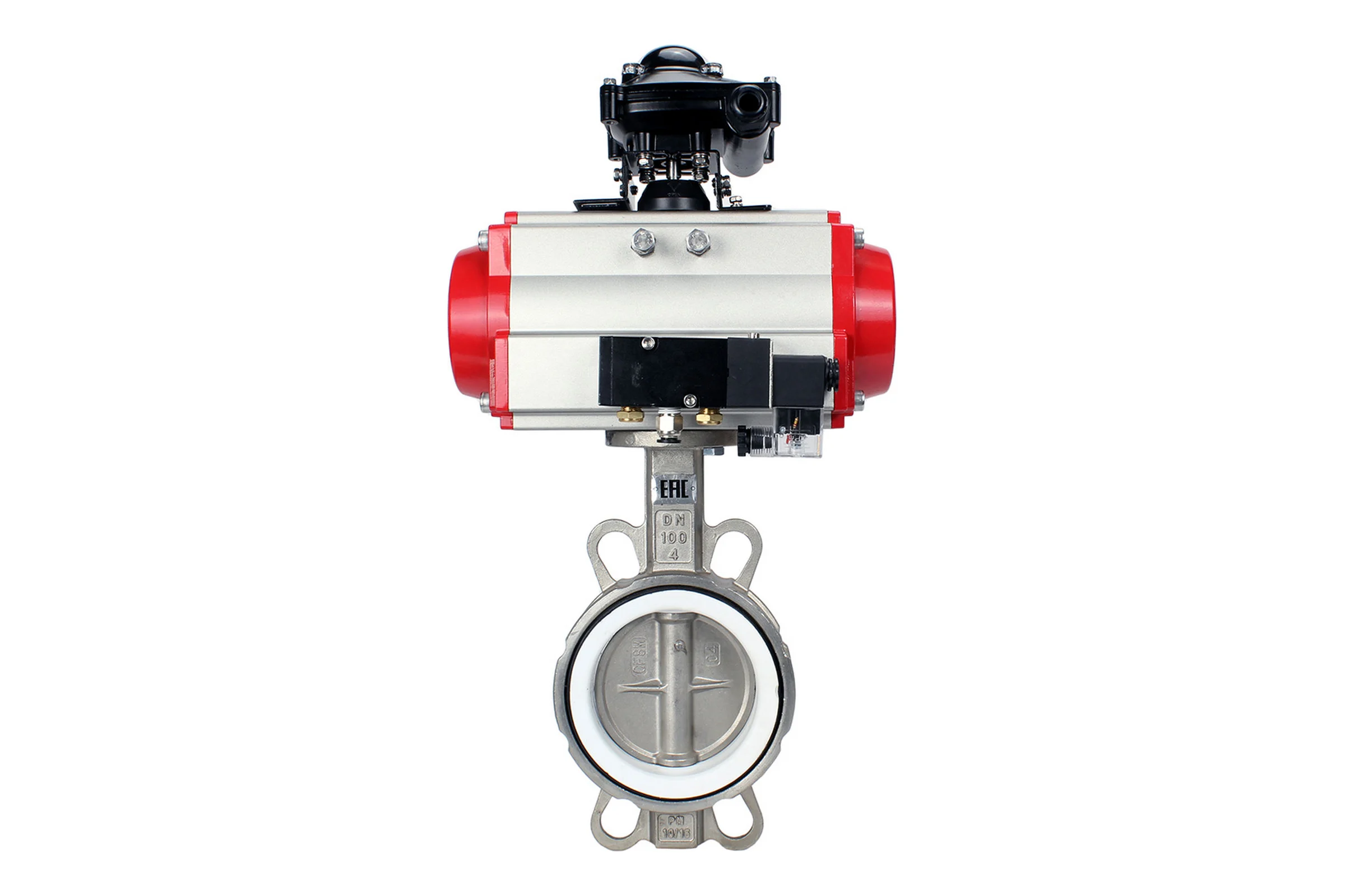 Затвор DN.ru 316L-316L-PTFE Ду50 Ру16 с пневмоприводом, пневмораспределителем, БКВ D050-00196