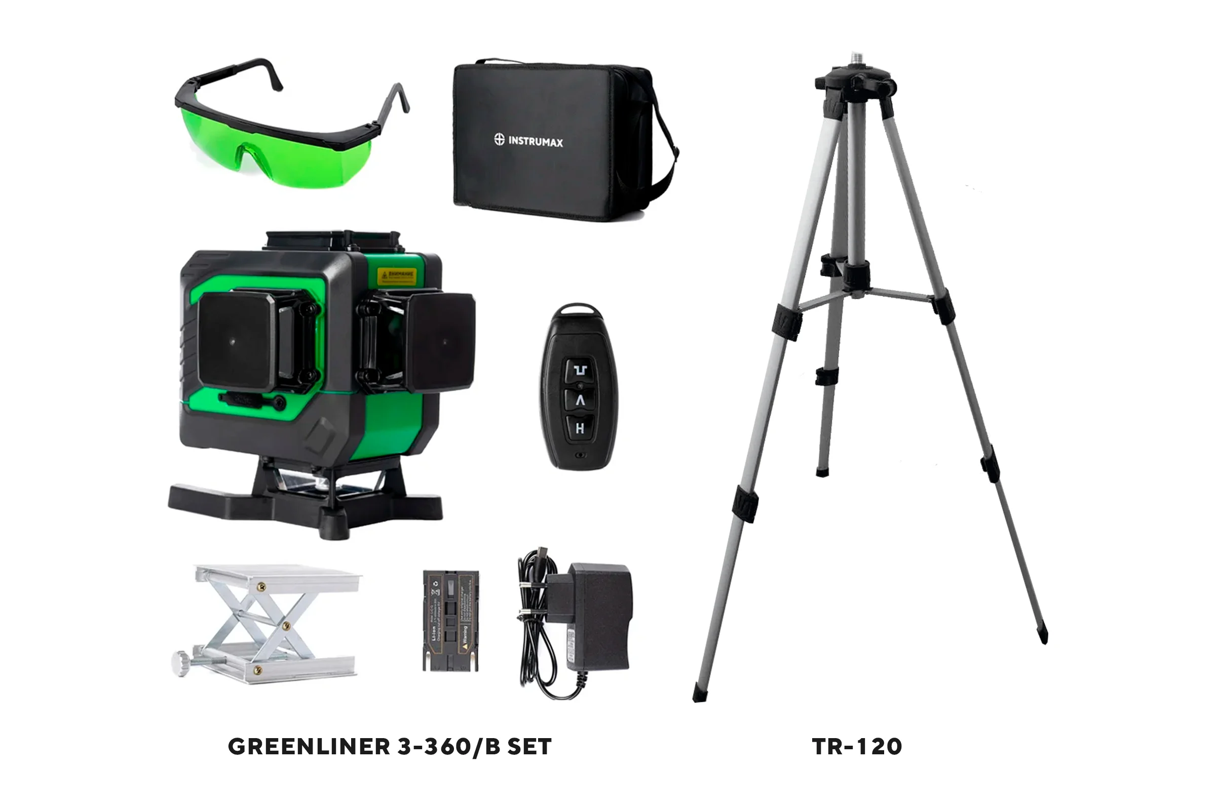Комплект INSTRUMAX: лазерный уровень GREENLINER 3-360/B SET + штатив телескопический с резьбой 1/4 (5/8) дюйма TR-120 IM0150_K