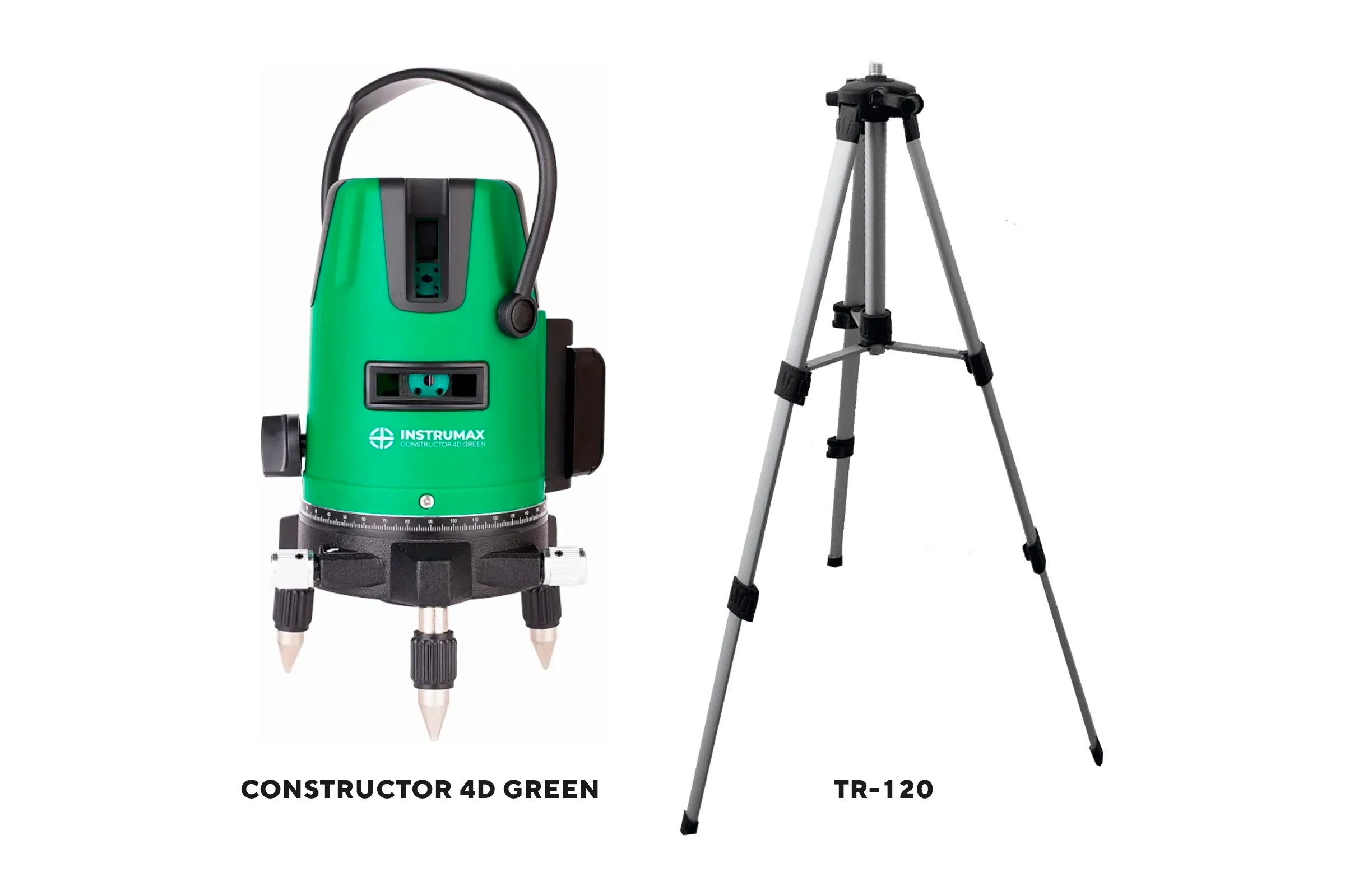 Комплект INSTRUMAX: лазерный уровень Constructor 4D GREEN + штатив телескопический с резьбой 1/4 (5/8) дюйма TR-120 IM0140_K