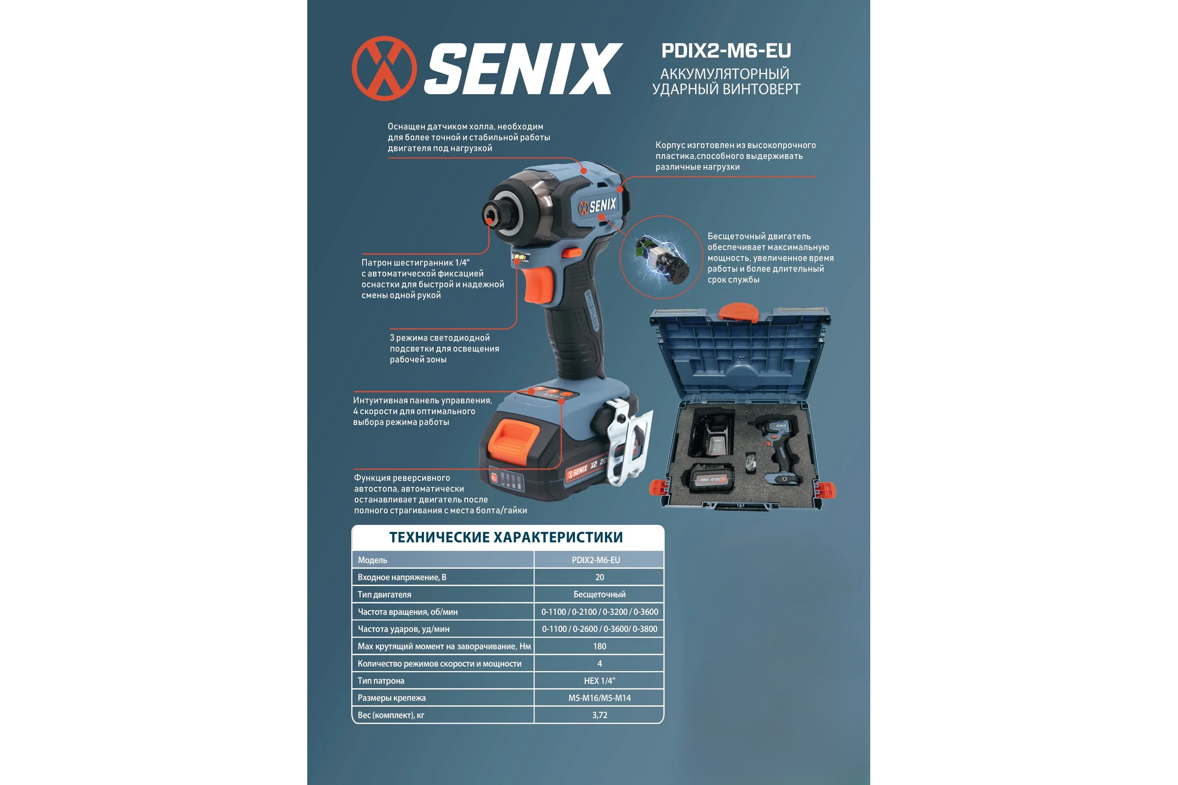 Импульсный шуруповерт SENIX X2 20В, 180Нм, 1х4Ач, ЗУ, кейс PDIX2-M6-EU
