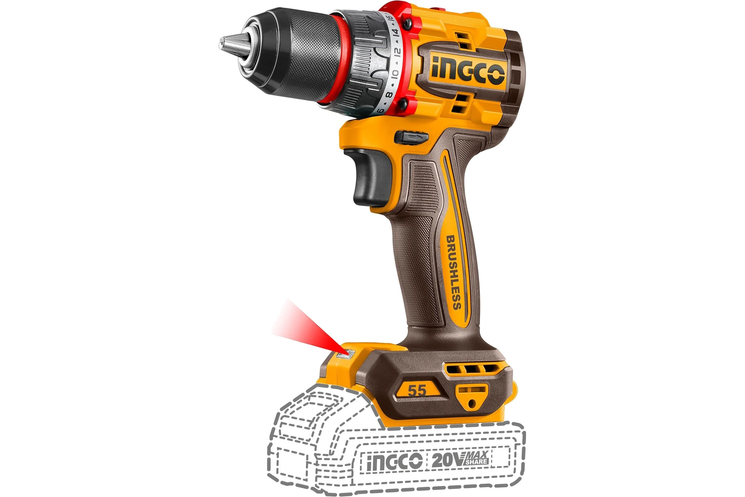 Бесщеточный шуруповерт INGCO 55 Нм 20В, б/щ INDUSTRIAL CDLI205581