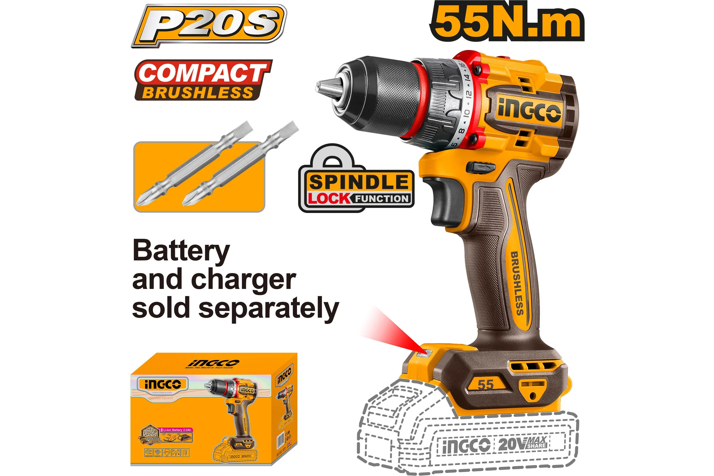 Бесщеточный шуруповерт INGCO 55 Нм 20В, б/щ INDUSTRIAL CDLI205581