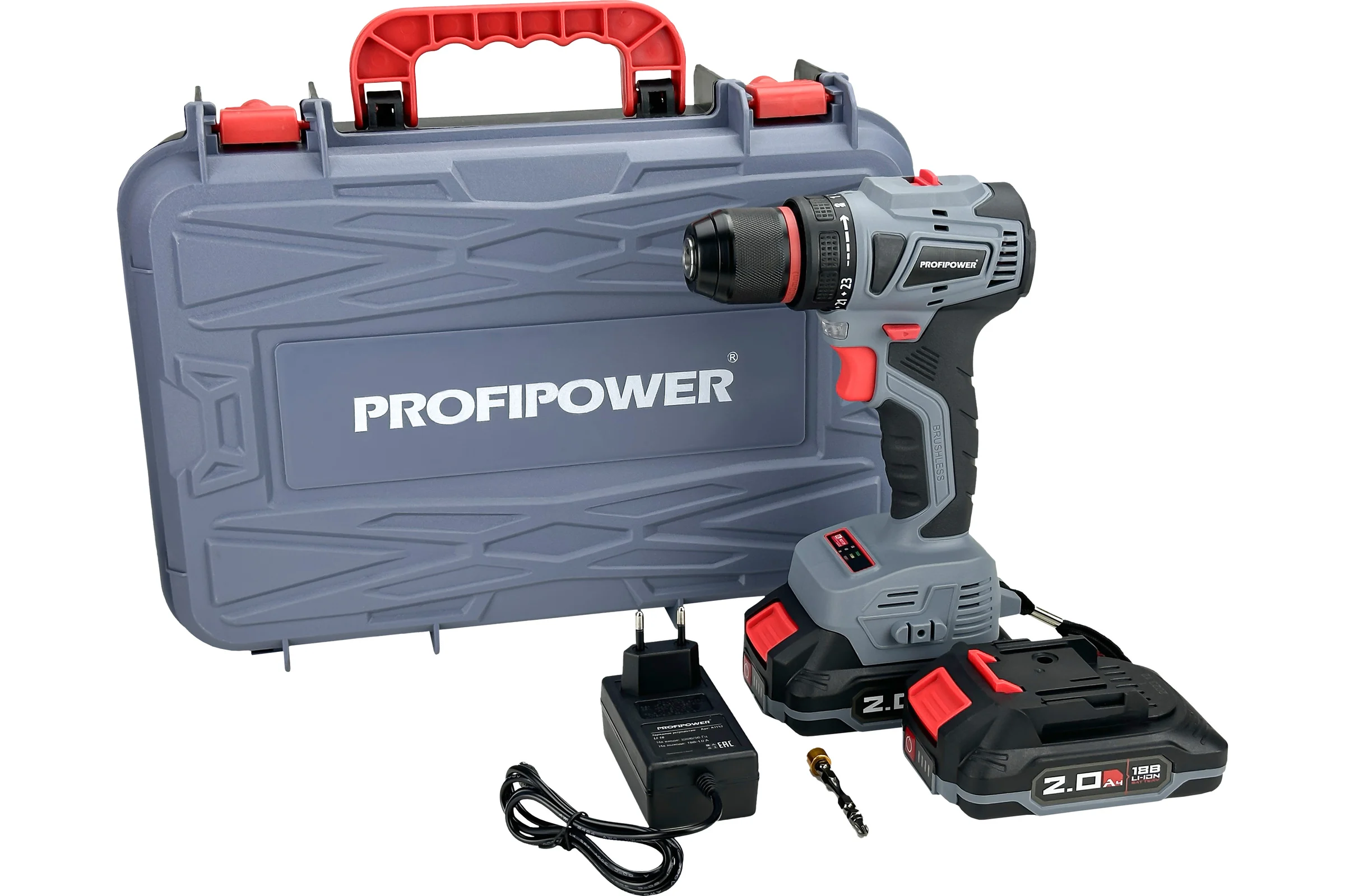Аккумуляторный шуруповерт бесщеточный Profipower MKBL-18B Li-ion-2шт, 18В, 2.0Ач, З/У, 0.8-10 мм, кейс T0056