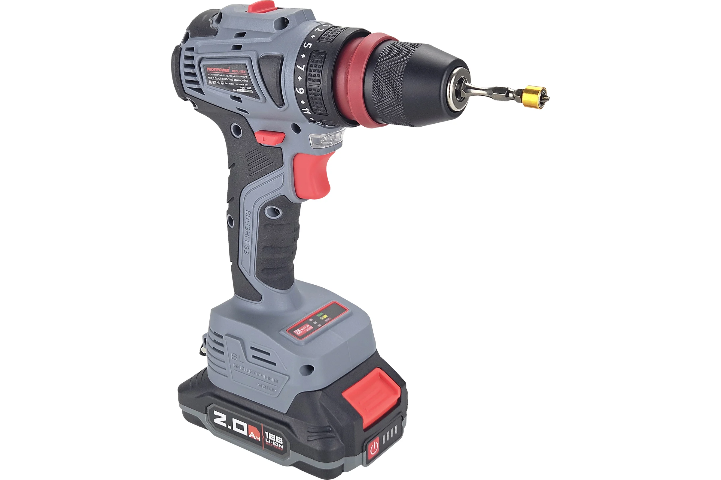 Аккумуляторный бесщеточный шуруповерт Profipower MKBL-18BM Li-ion-2шт, 18В, 2.0Ач, съемный патрон, З/У, 0.8-10 мм, кейс T0057