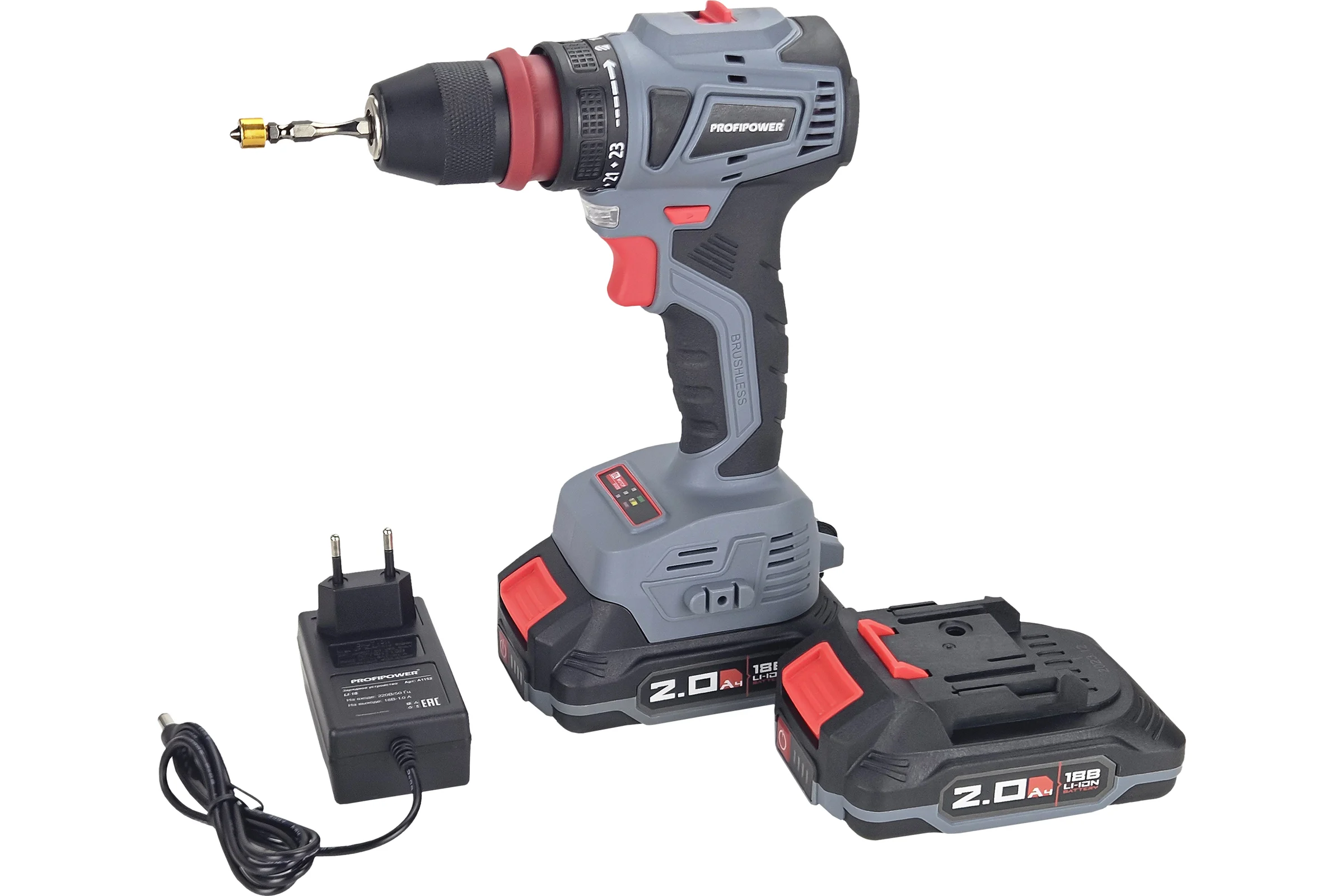 Аккумуляторный бесщеточный шуруповерт Profipower MKBL-18BM Li-ion-2шт, 18В, 2.0Ач, съемный патрон, З/У, 0.8-10 мм, кейс T0057