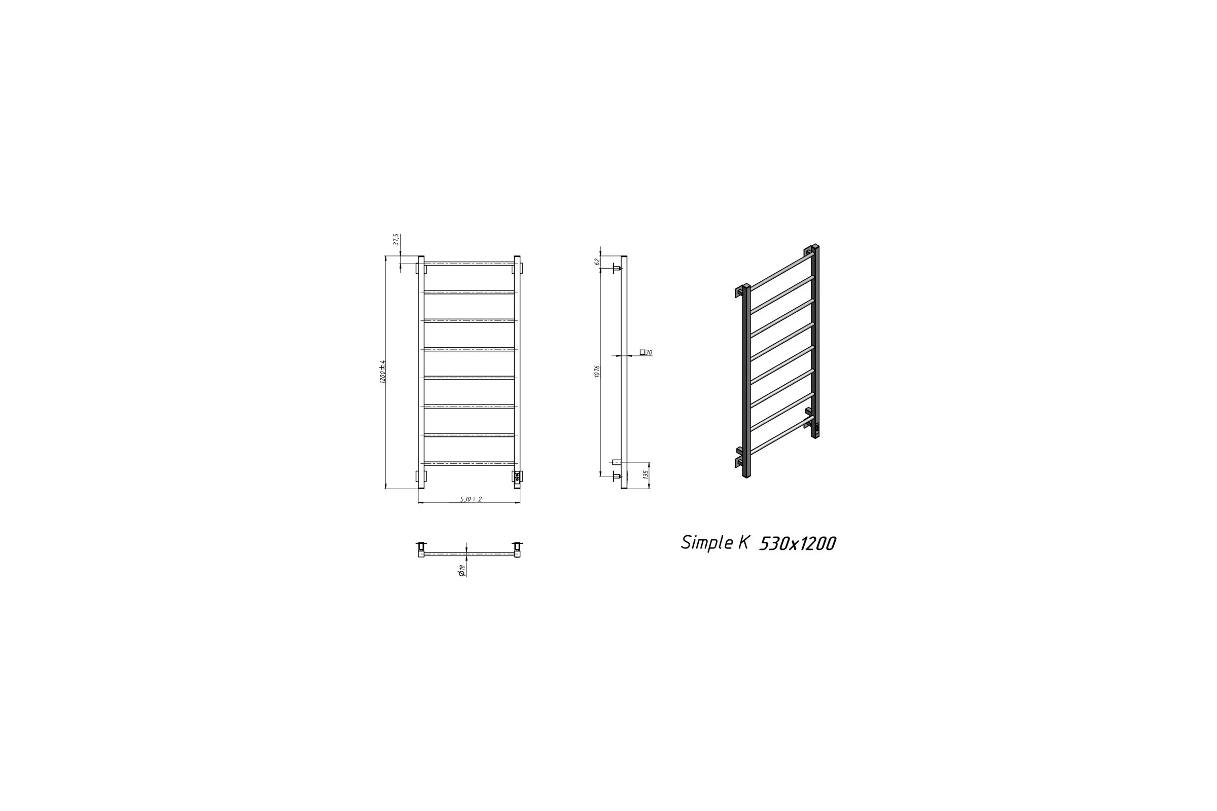 Электрический полотенцесушитель GROTA Simple K 530x1200 белый Simple K 530х1200 RAL9016 EL
