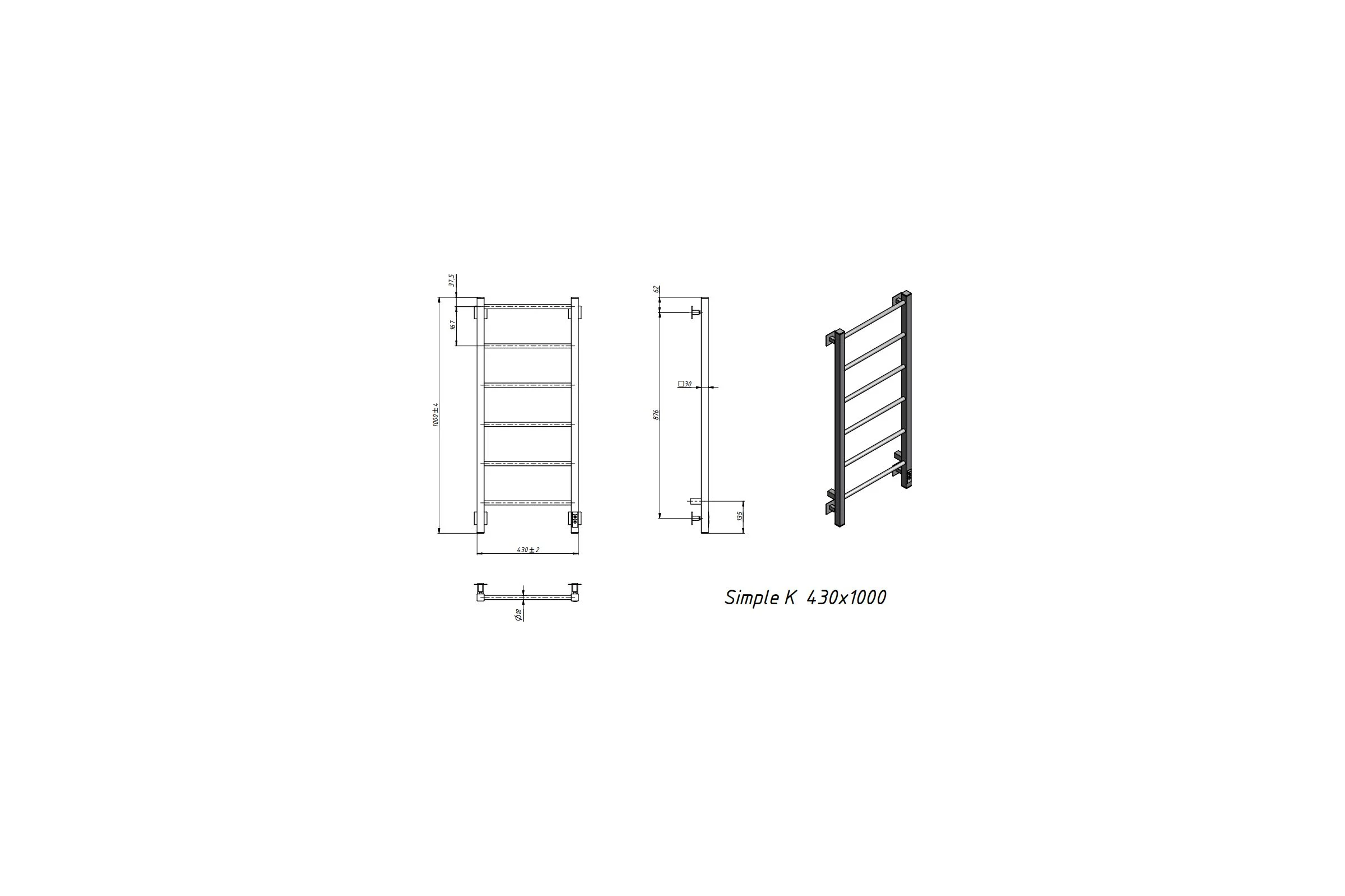 Электрический полотенцесушитель GROTA Simple K 430x1000 черный Simple K 430х1000 RAL9005 EL