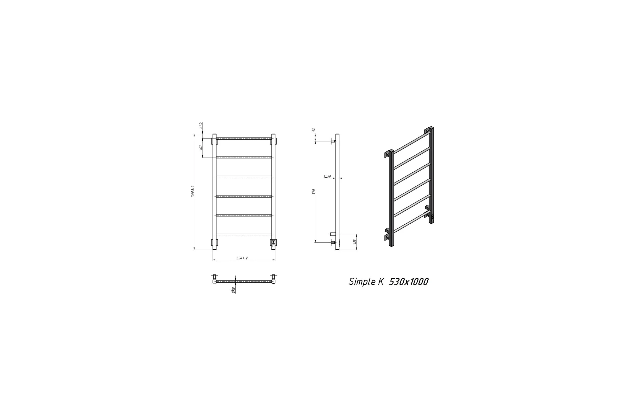 Электрический полотенцесушитель GROTA Simple K 530x1000 белый Simple K 530х1000 RAL9016 EL