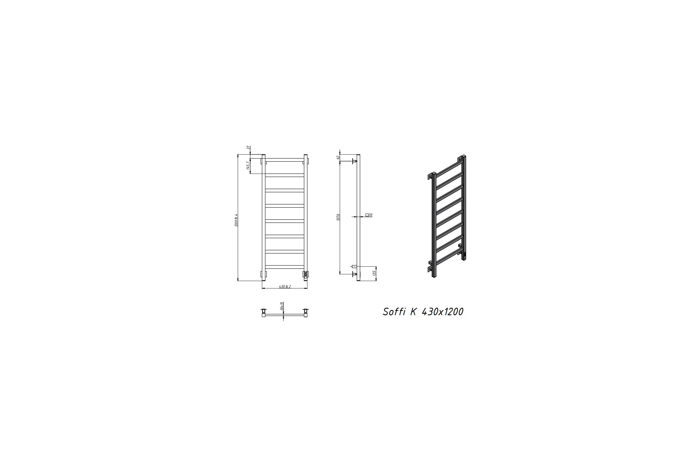 Электрический полотенцесушитель GROTA Soffi K 430x1200 белый Soffi K 430х1200 RAL9016 EL