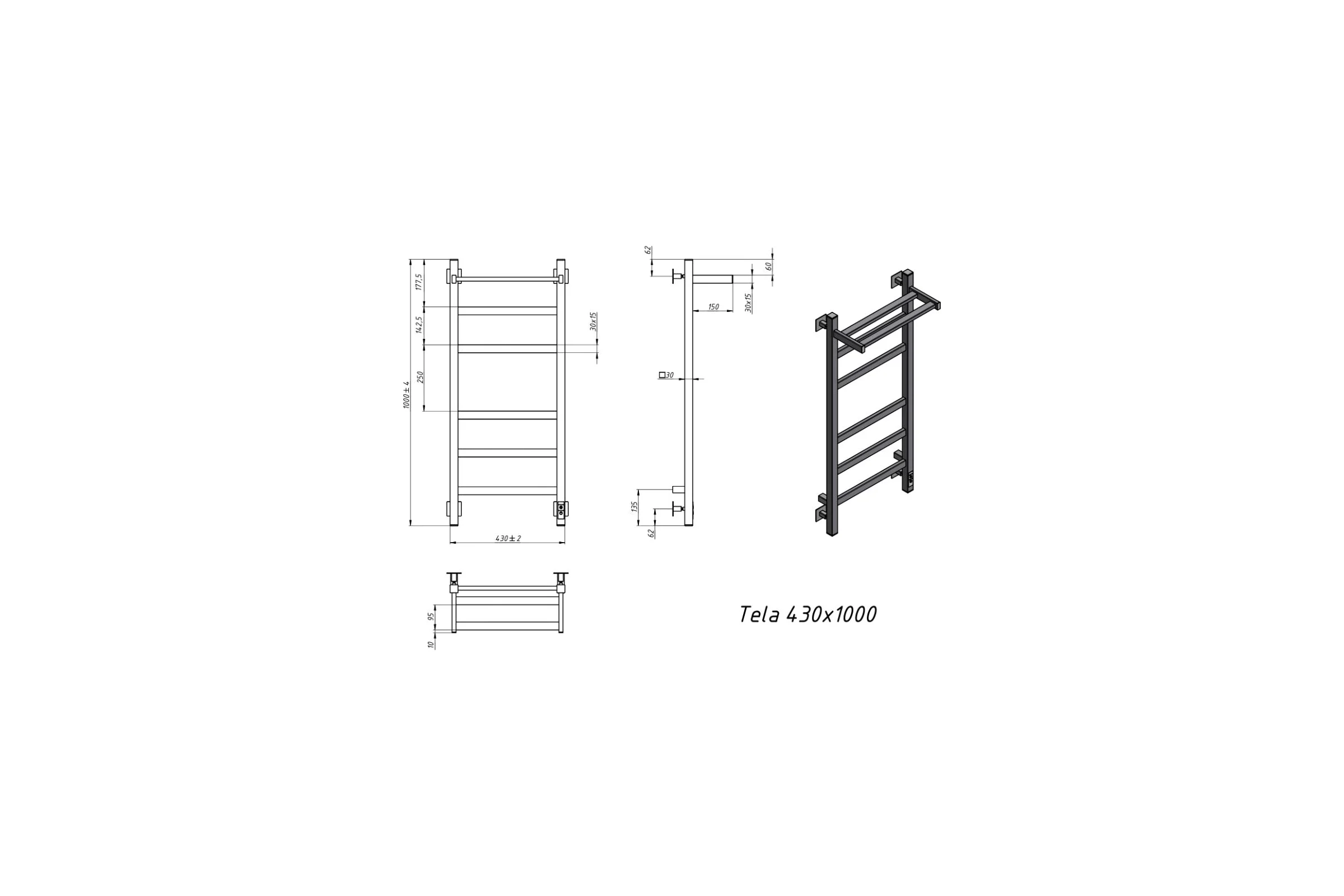 Электрический полотенцесушитель GROTA Tela 430x1000 черный Tela 430х1000 RAL9005 EL