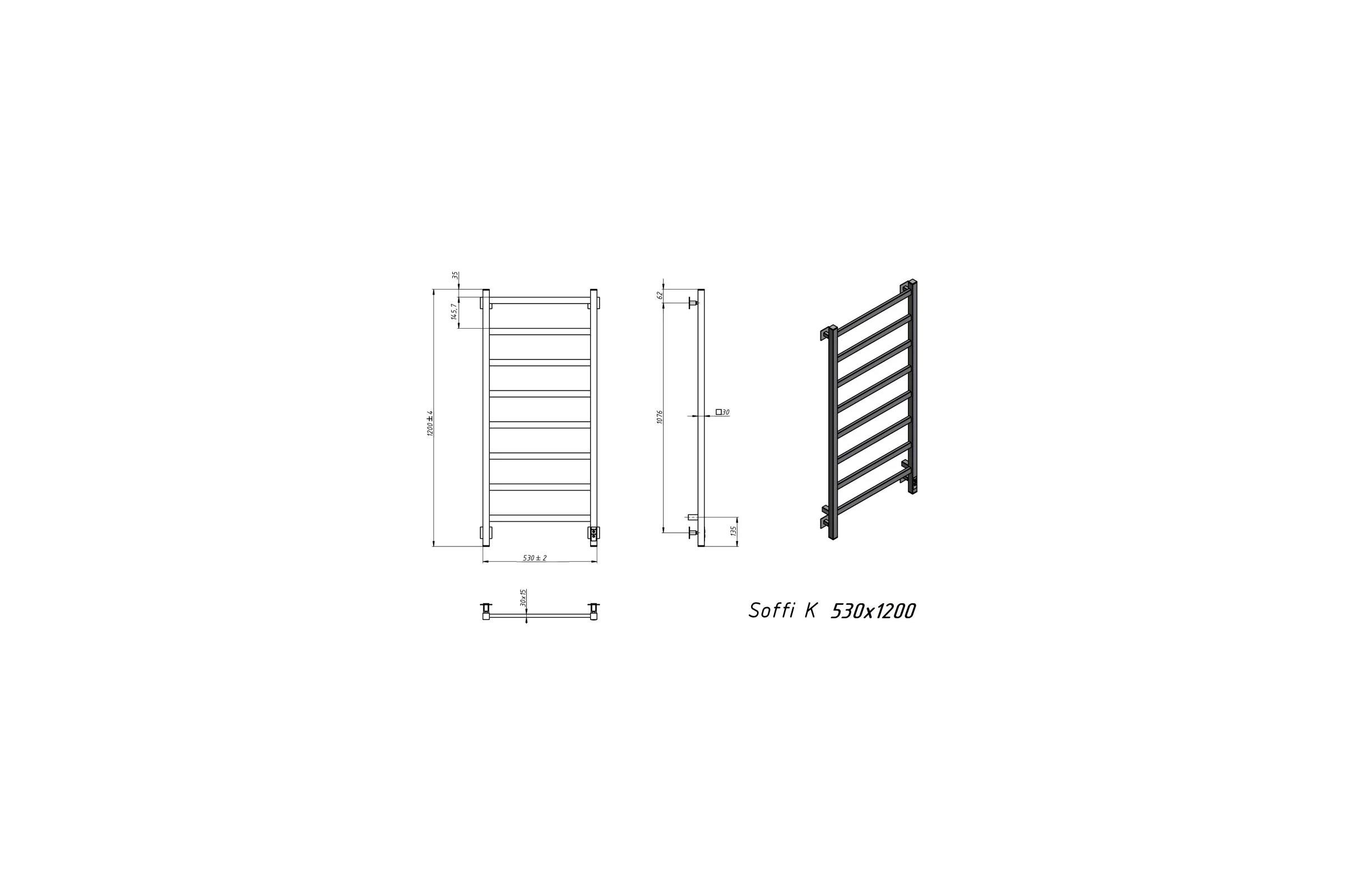 Электрический полотенцесушитель GROTA Soffi K 530x1200 белый Soffi K 530х1200 RAL9016 EL
