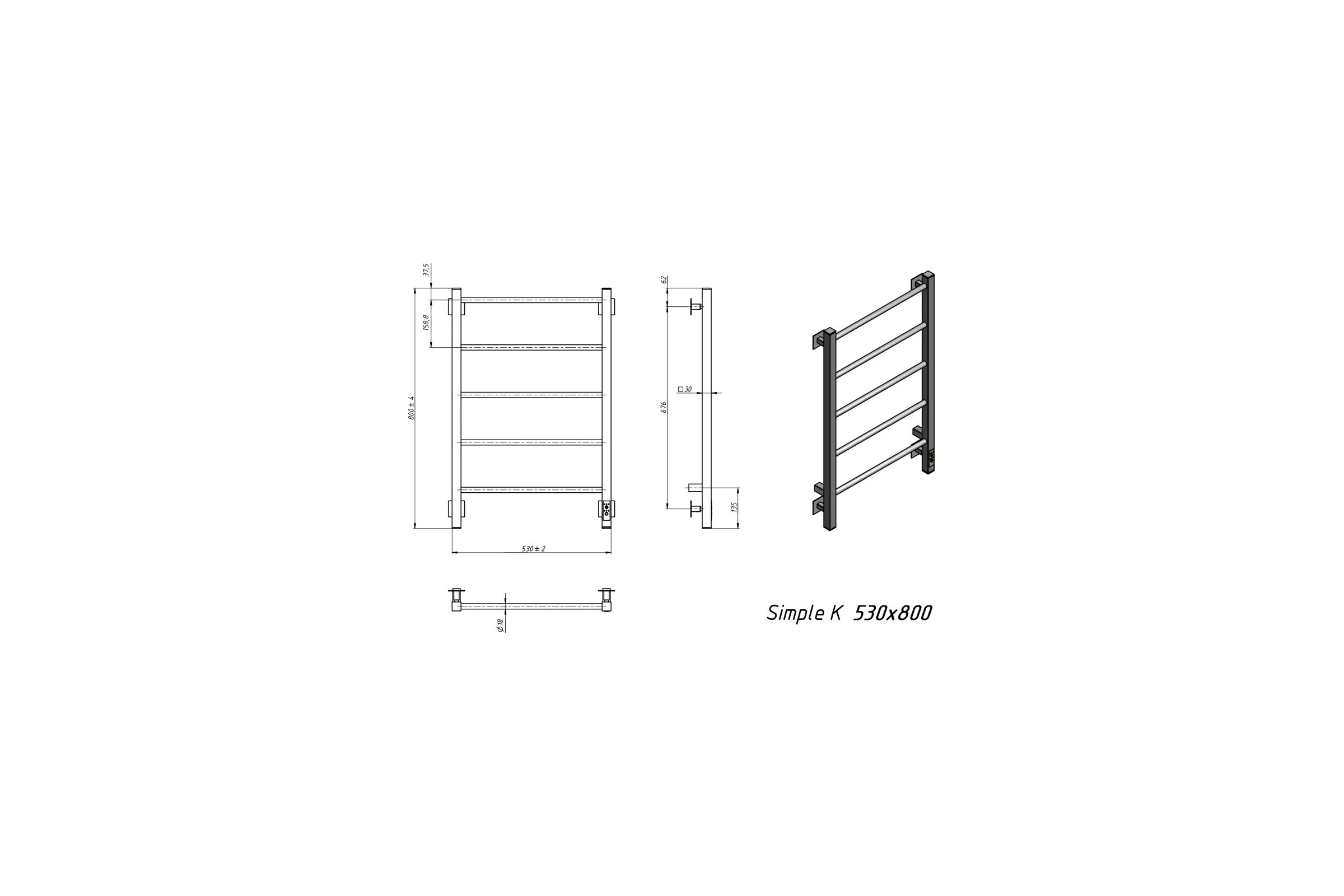 Электрический полотенцесушитель GROTA Simple K 530x800 черный Simple K 530х800 RAL9005 EL