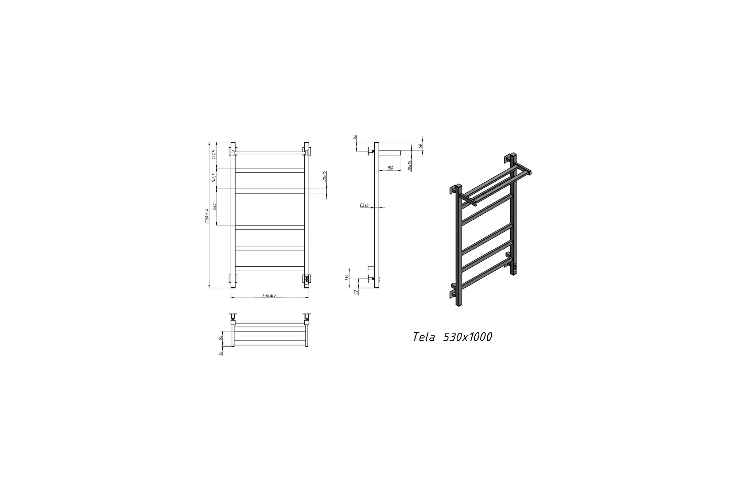 Электрический полотенцесушитель GROTA Tela 530x1000 черный Tela 530х1000 RAL9005 EL