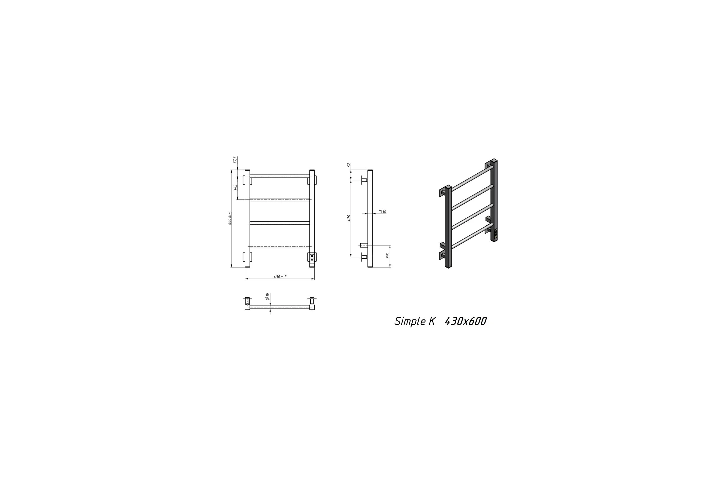Электрический полотенцесушитель GROTA Simple K 430x600 черный Simple K 430х600 RAL9005 EL