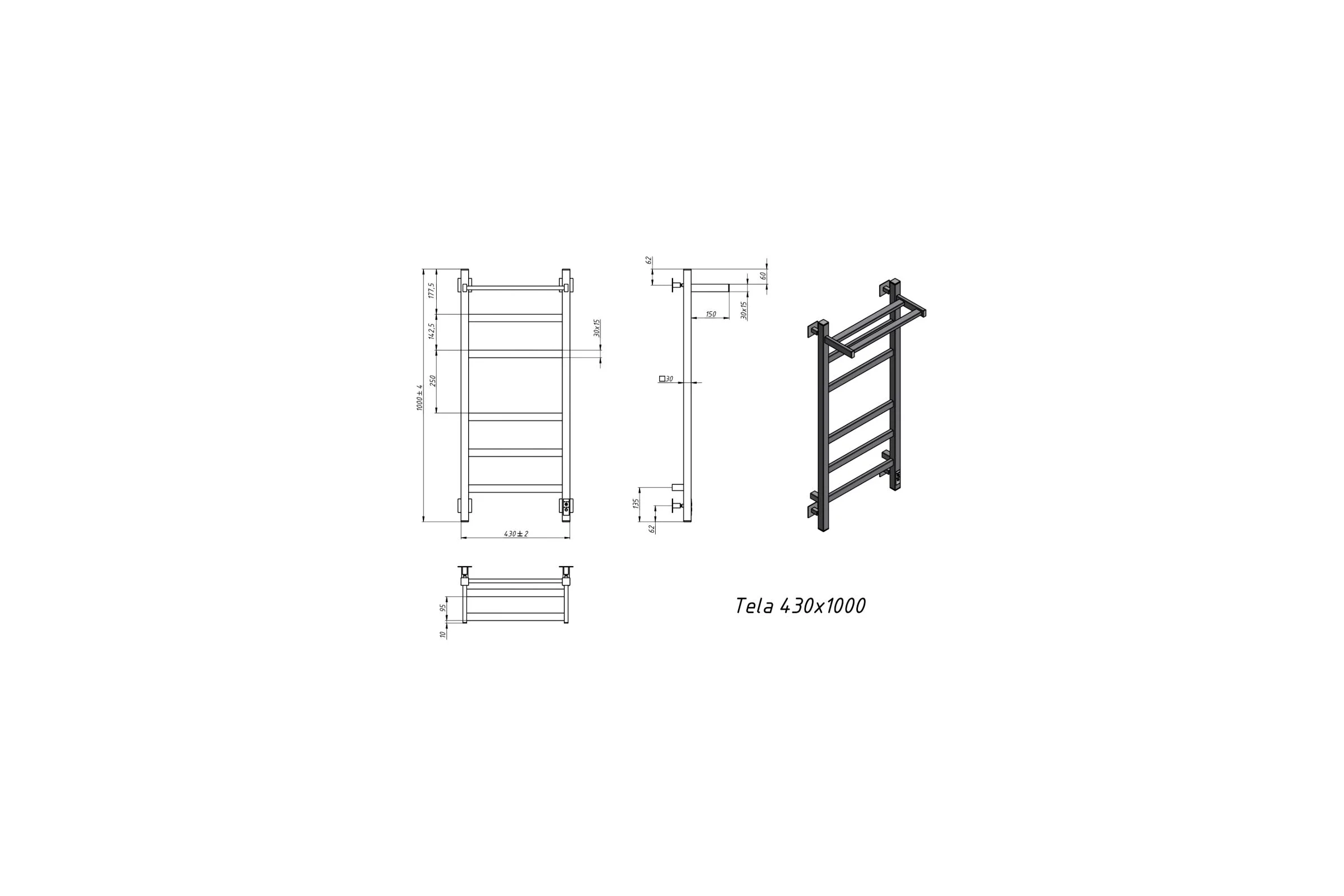 Электрический полотенцесушитель GROTA Tela 430x1000 белый Tela 430х1000 RAL9016 EL