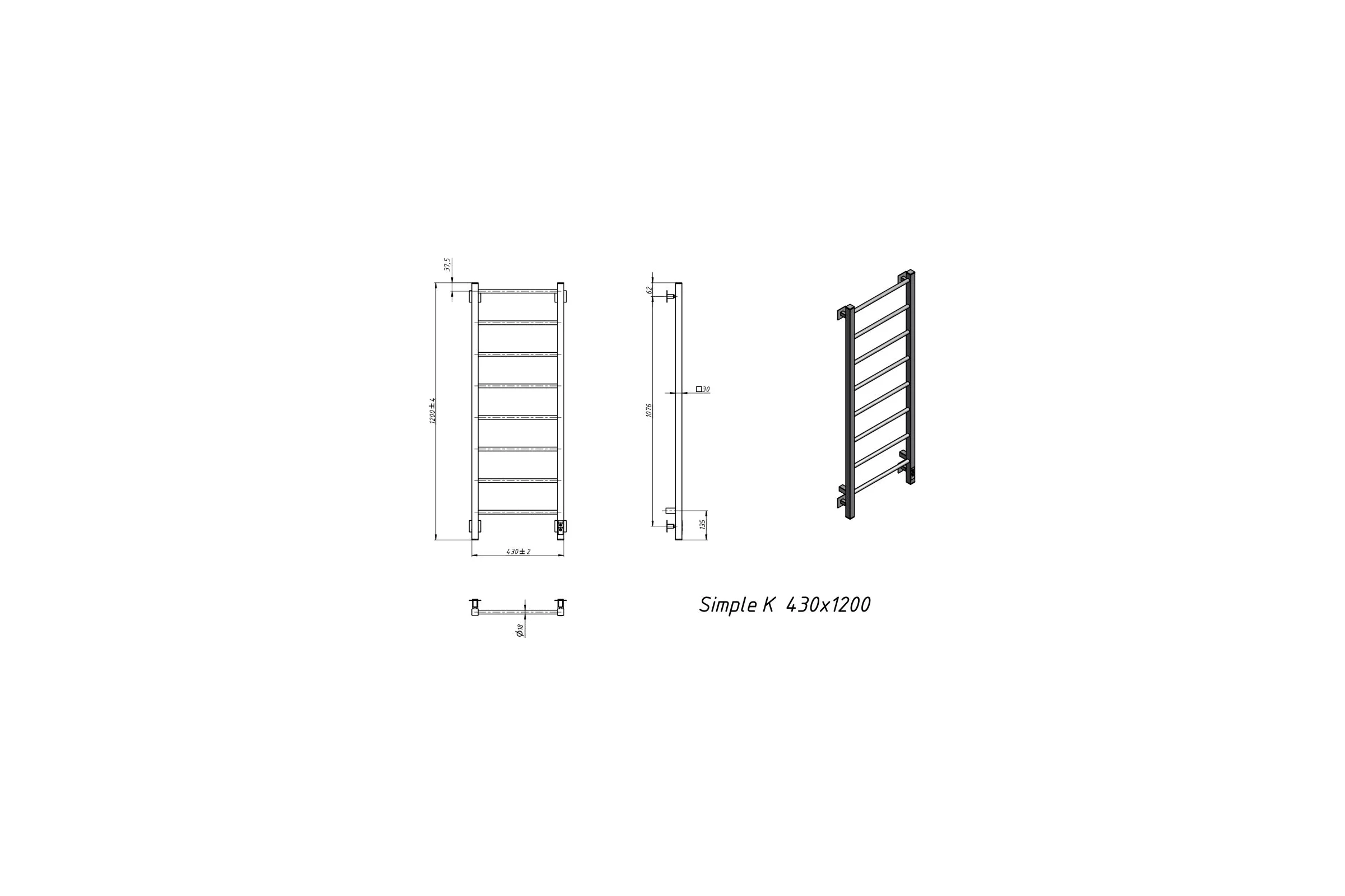 Электрический полотенцесушитель GROTA Simple K 430x1200 белый Simple K 430х1200 RAL9016 EL
