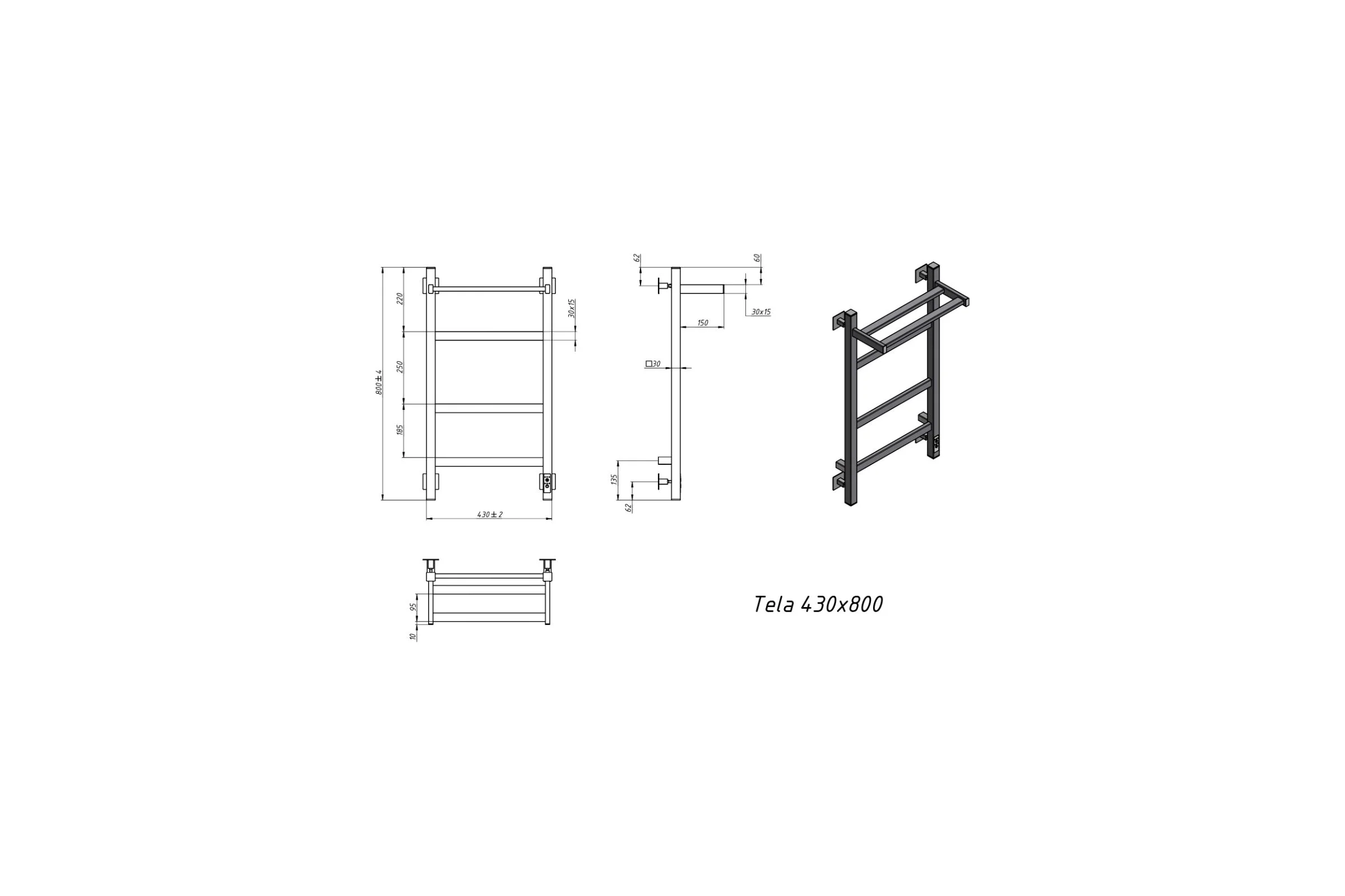 Электрический полотенцесушитель GROTA Tela 430x800 черный Tela 430х800 RAL9005 EL