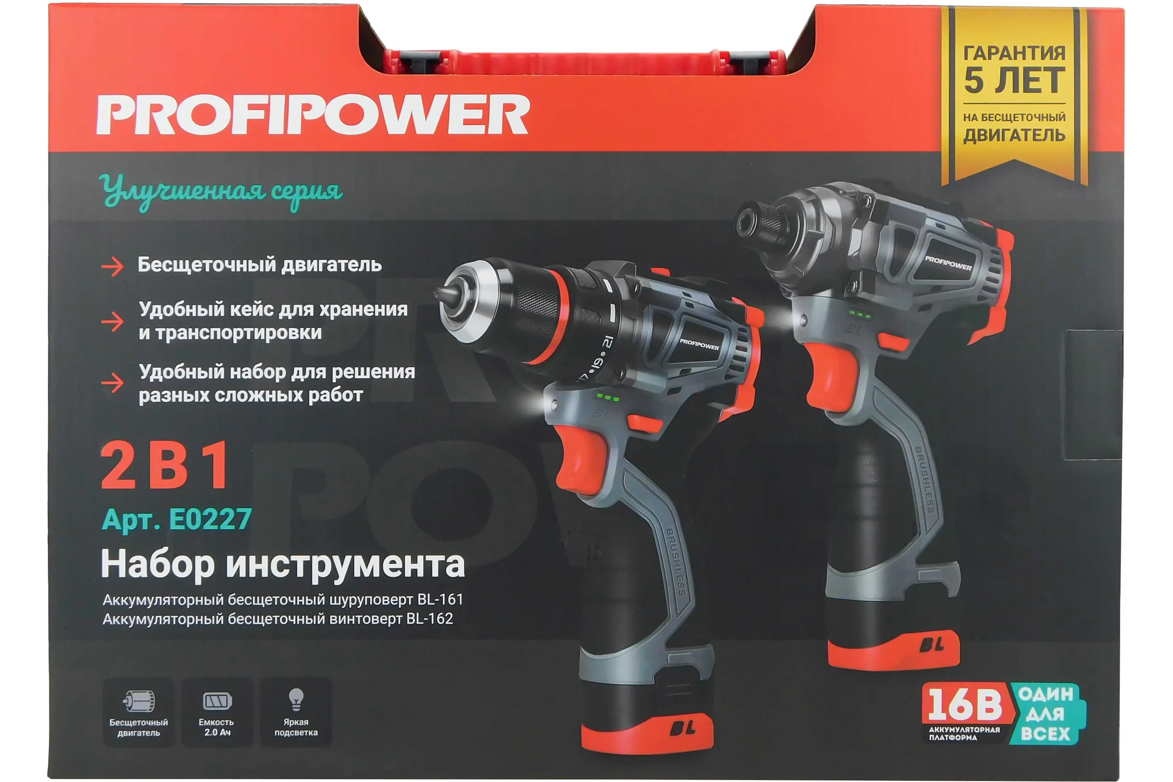 Аккумуляторный бесщеточный набор 2в1 Profipower ProfiSet 2A16 Li-ion 2шт, 2.0Ач, З/У, в кейсе, E0210, E0211 E0227