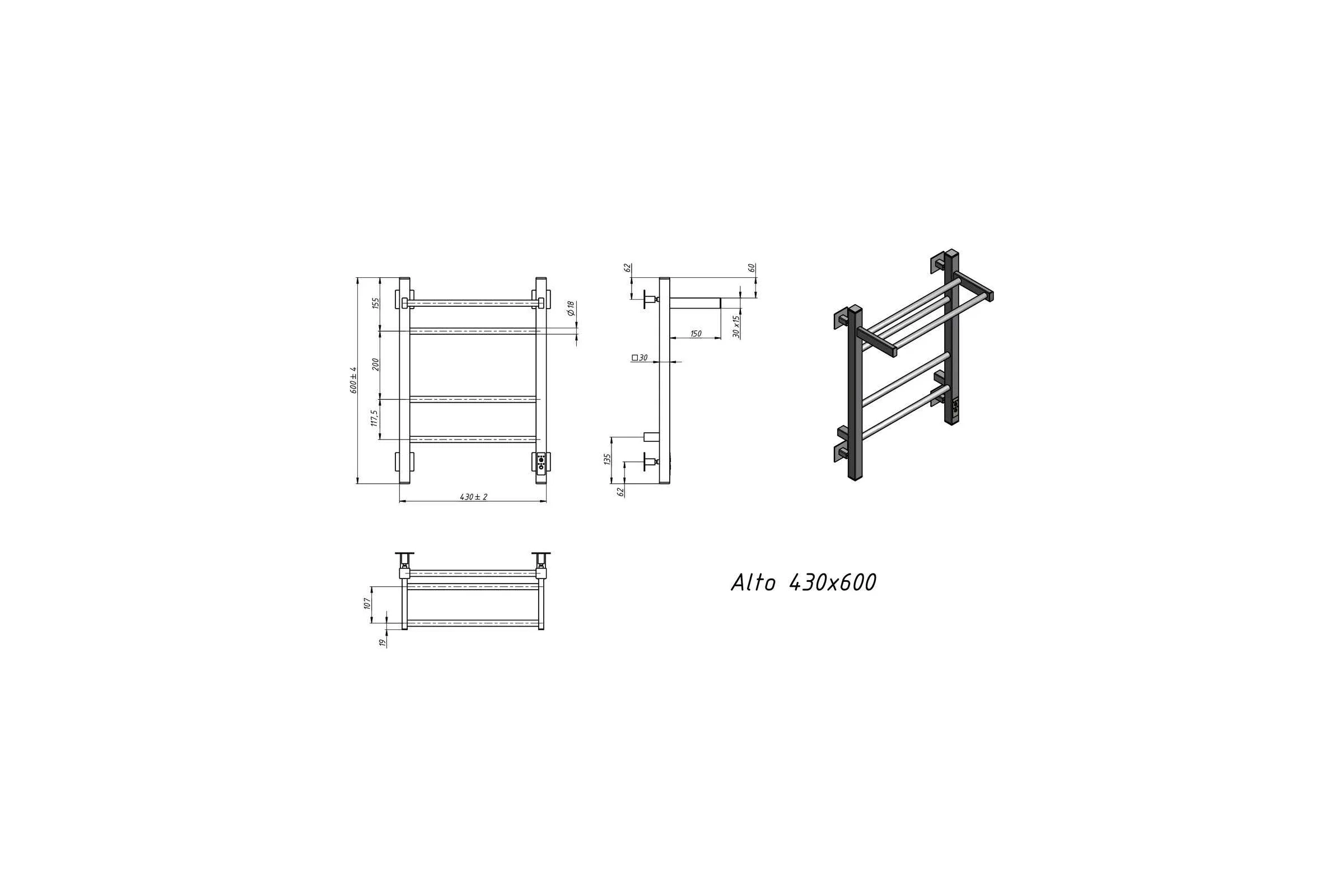 Полотенцесушитель электрический GROTA Alto 430x600, белый Alto 430х600 RAL9016 EL