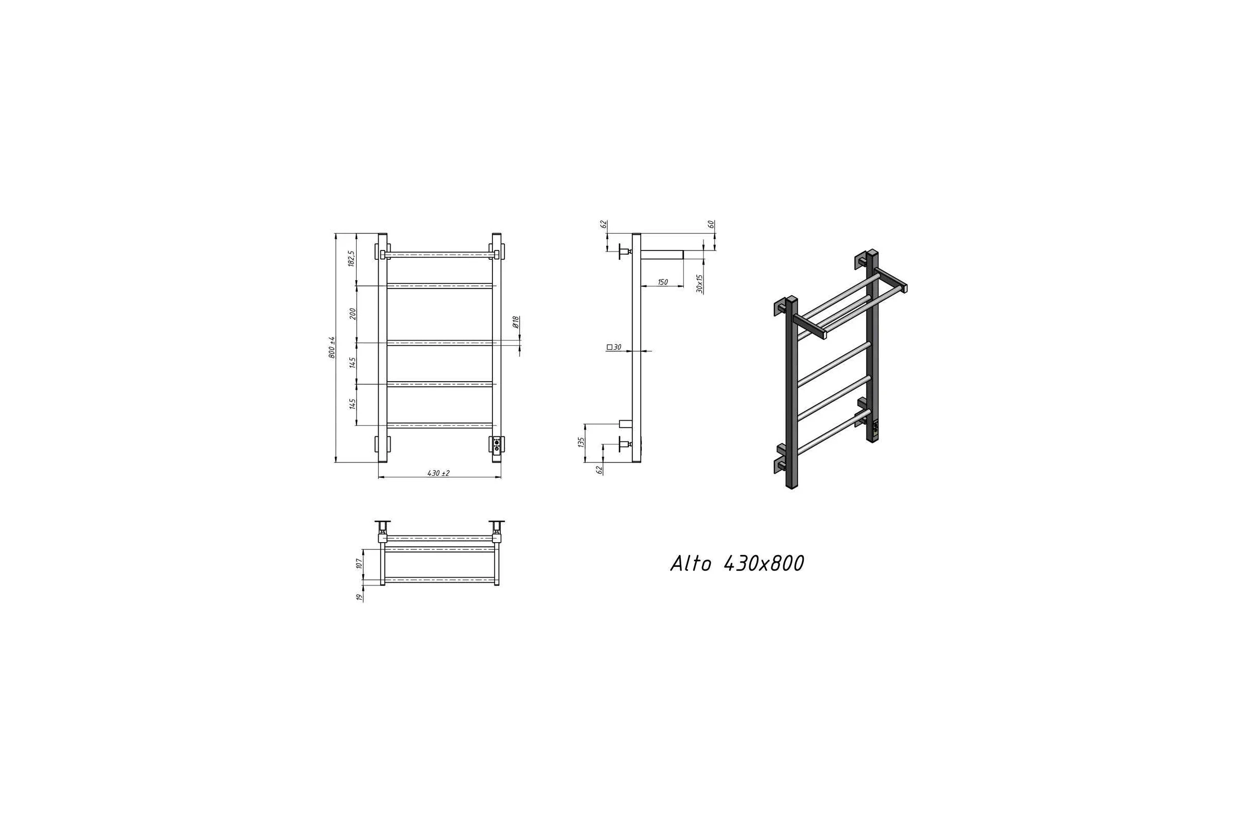 Полотенцесушитель электрический GROTA Alto 430x800, черный Alto 430х800 RAL9005 EL