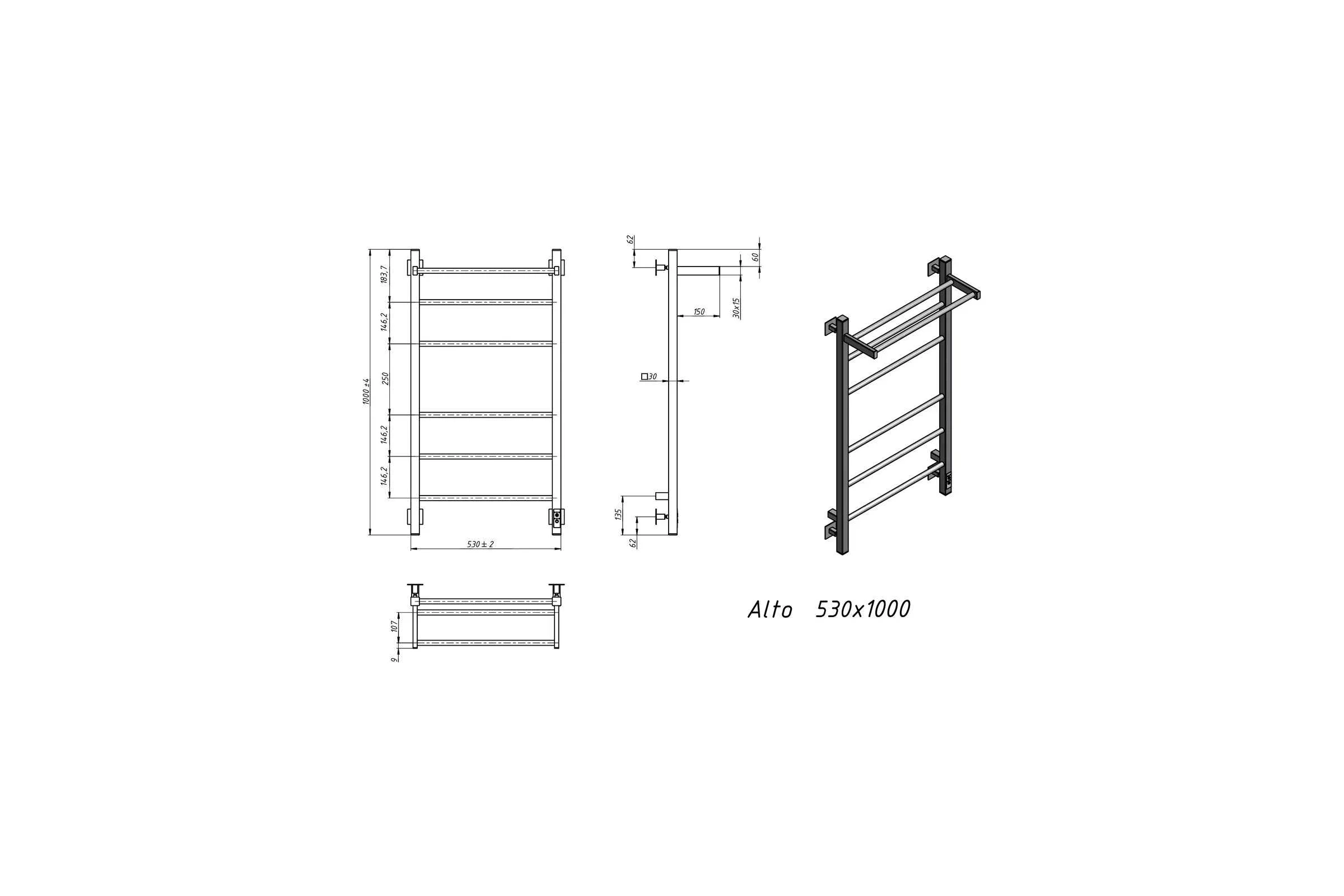 Полотенцесушитель электрический GROTA Alto 530x1200, черный Alto 530х1200 RAL9005 EL