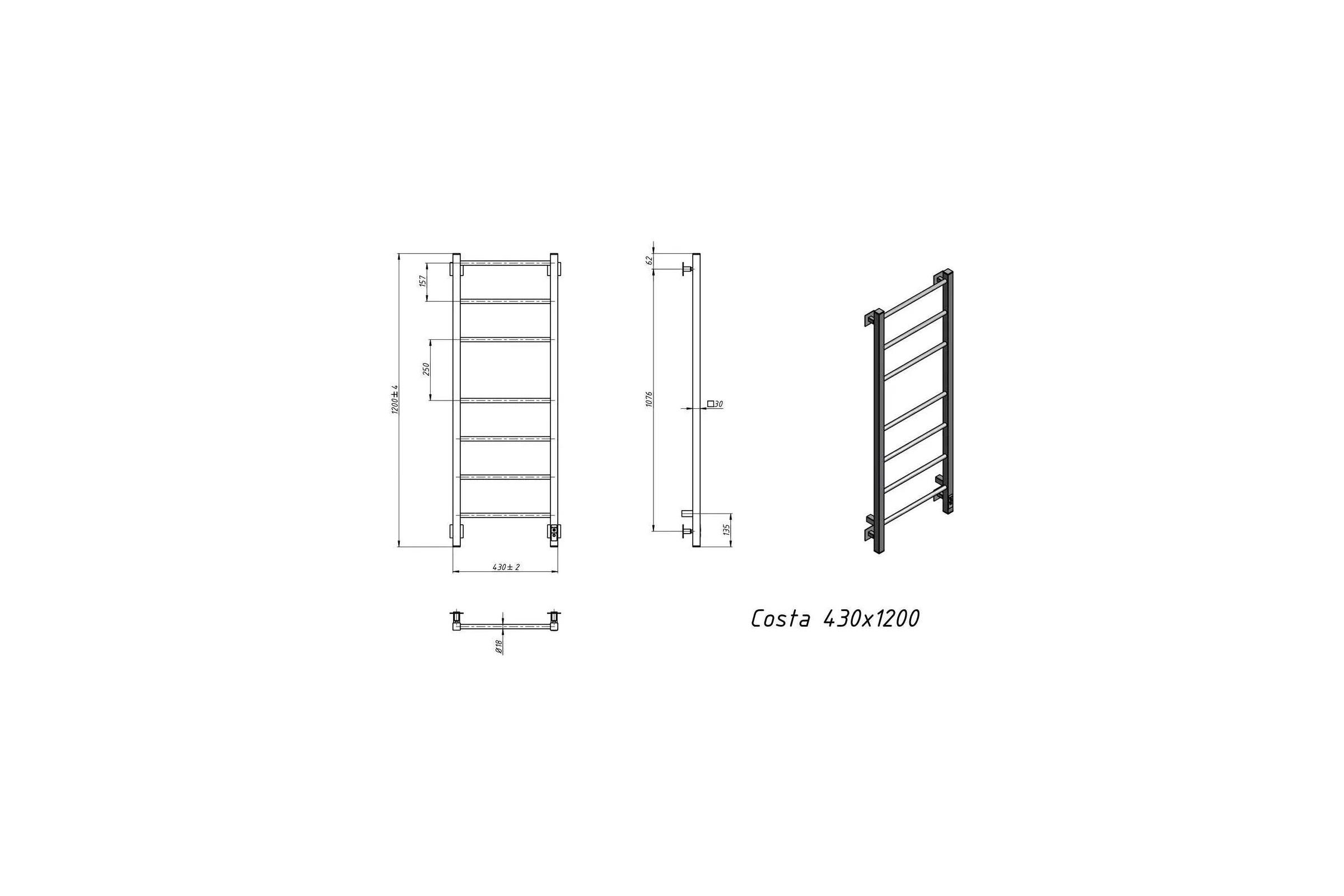 Полотенцесушитель электрический GROTA Costa 430x1200, черный Costa 430х1200 RAL9005 EL