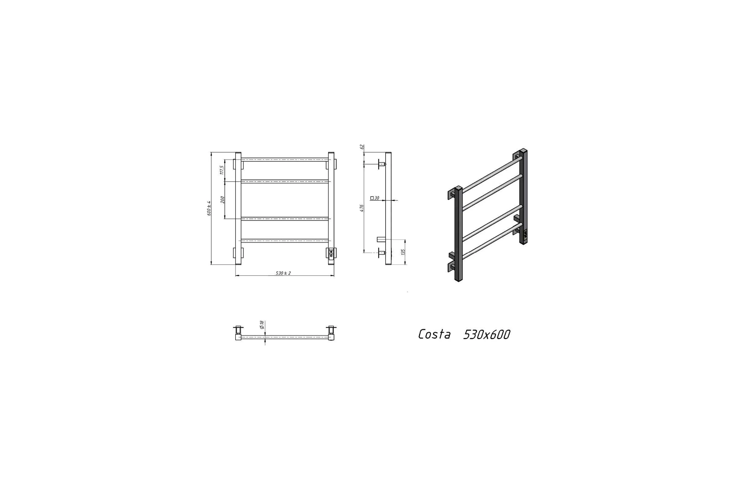 Полотенцесушитель электрический GROTA Costa 530x600, белый Costa 530х600 RAL9016 EL