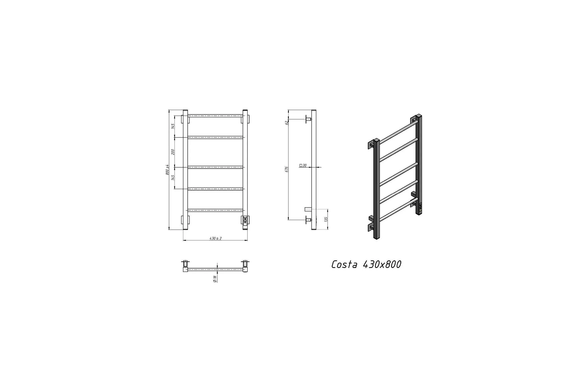 Полотенцесушитель электрический GROTA Costa 430x800, черный Costa 430х800 RAL9005 EL