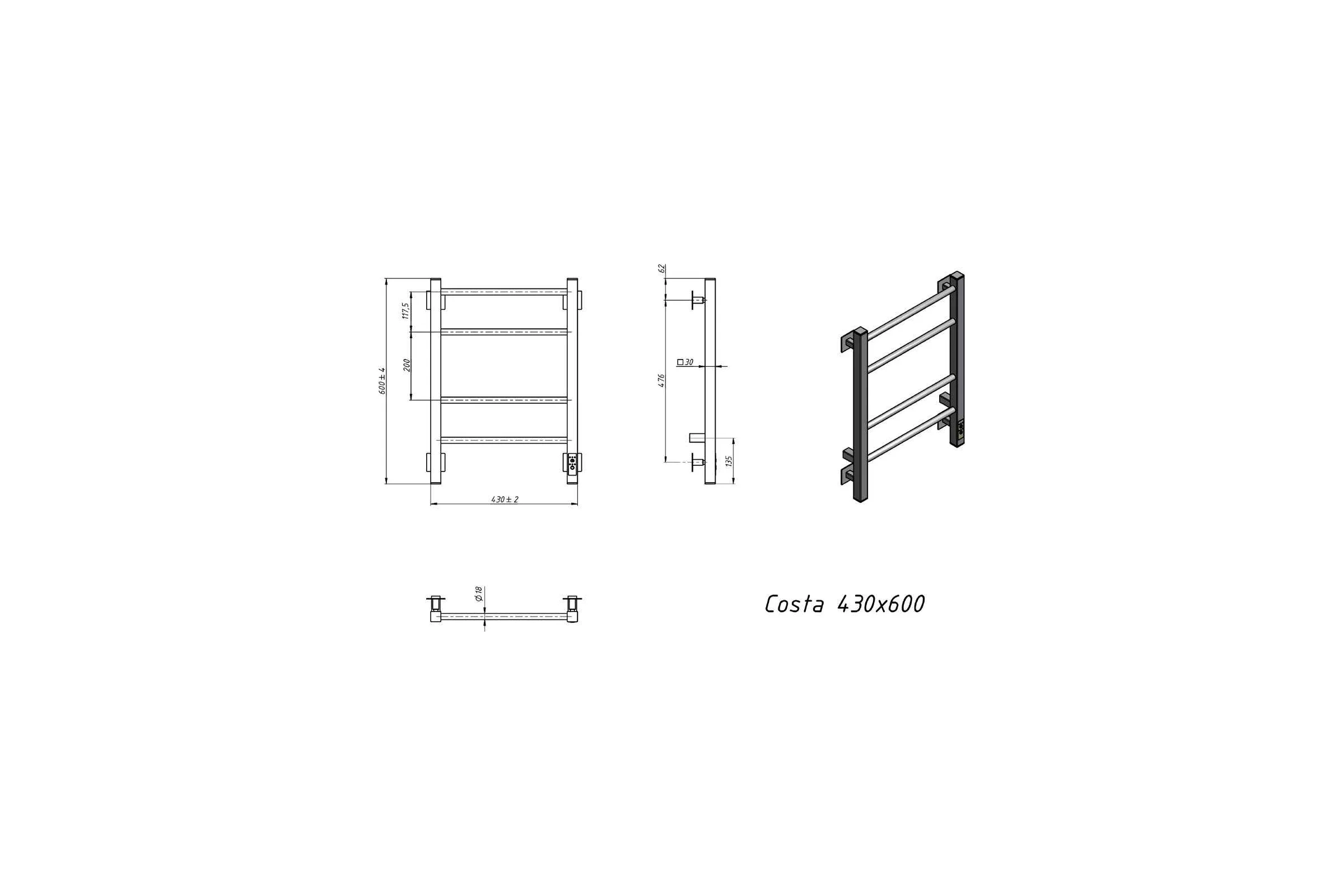 Полотенцесушитель электрический GROTA Costa 430x600, черный Costa 430х600 RAL9005 EL