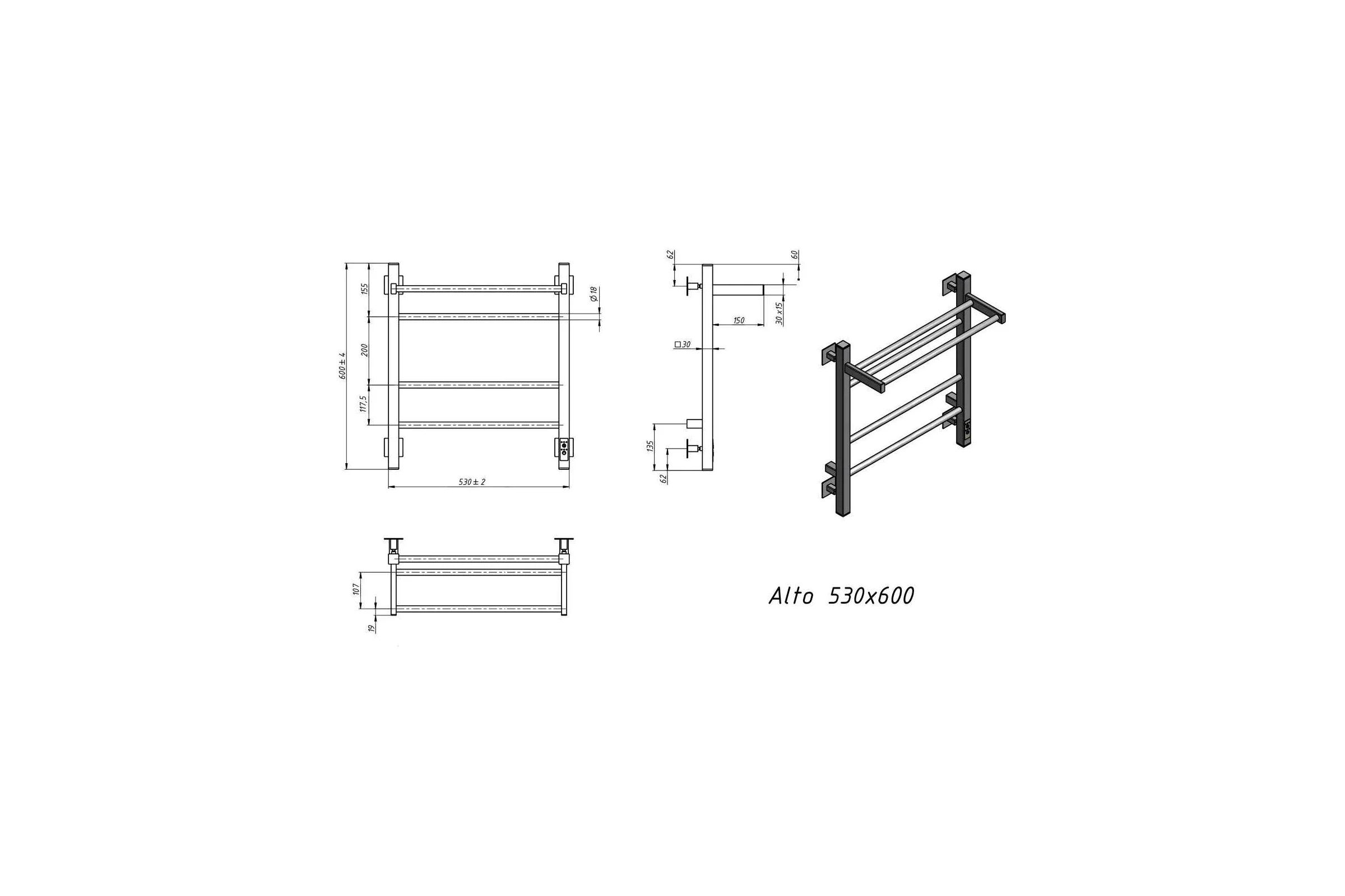 Полотенцесушитель электрический GROTA Alto 530x600, белый Alto 530х600 RAL9016 EL