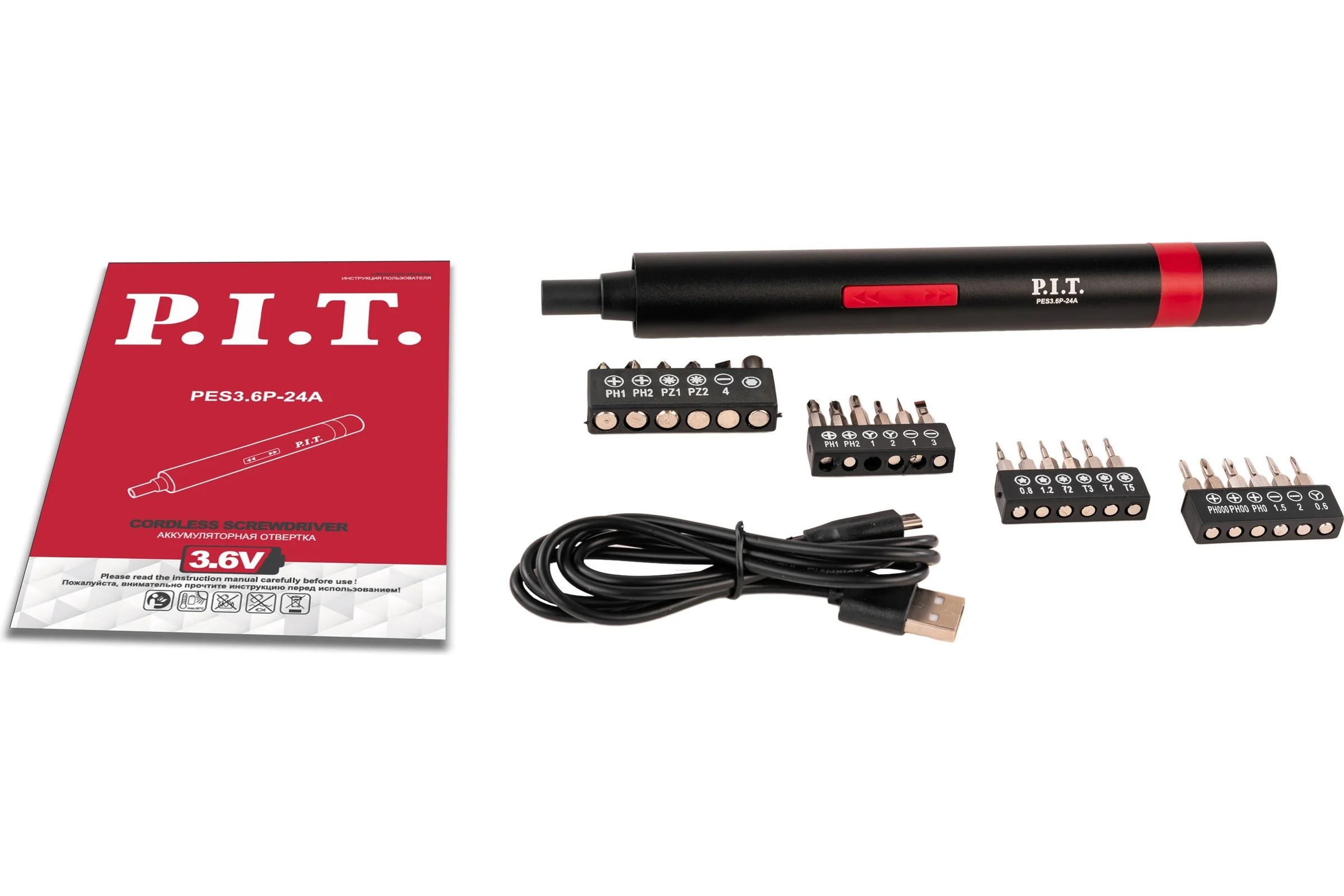 Отвертка аккумуляторная P.I.T. 3.6В, 2Нм, 1.3Ач, биты 23шт, USB ЗУ, LED подсветка, чехол PES3.6P-24A