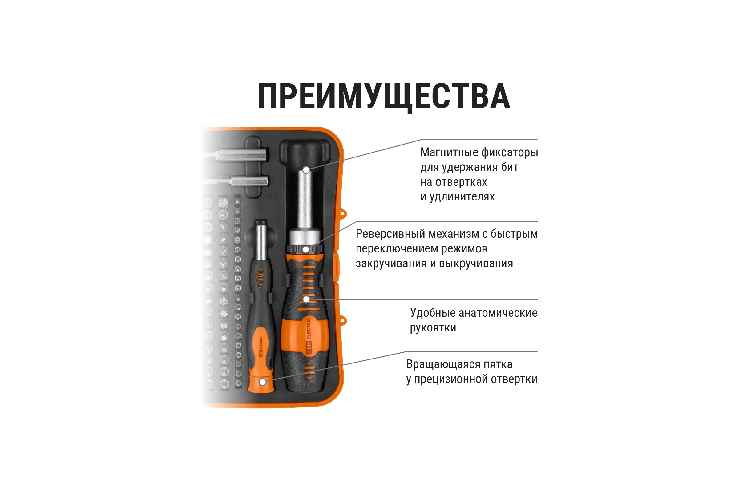 Набор отверток TDM ELECTRIC Алмаз реверсивная и тонкая, в комплекте биты и головки, №4, 65 предметов SQ1019-0204