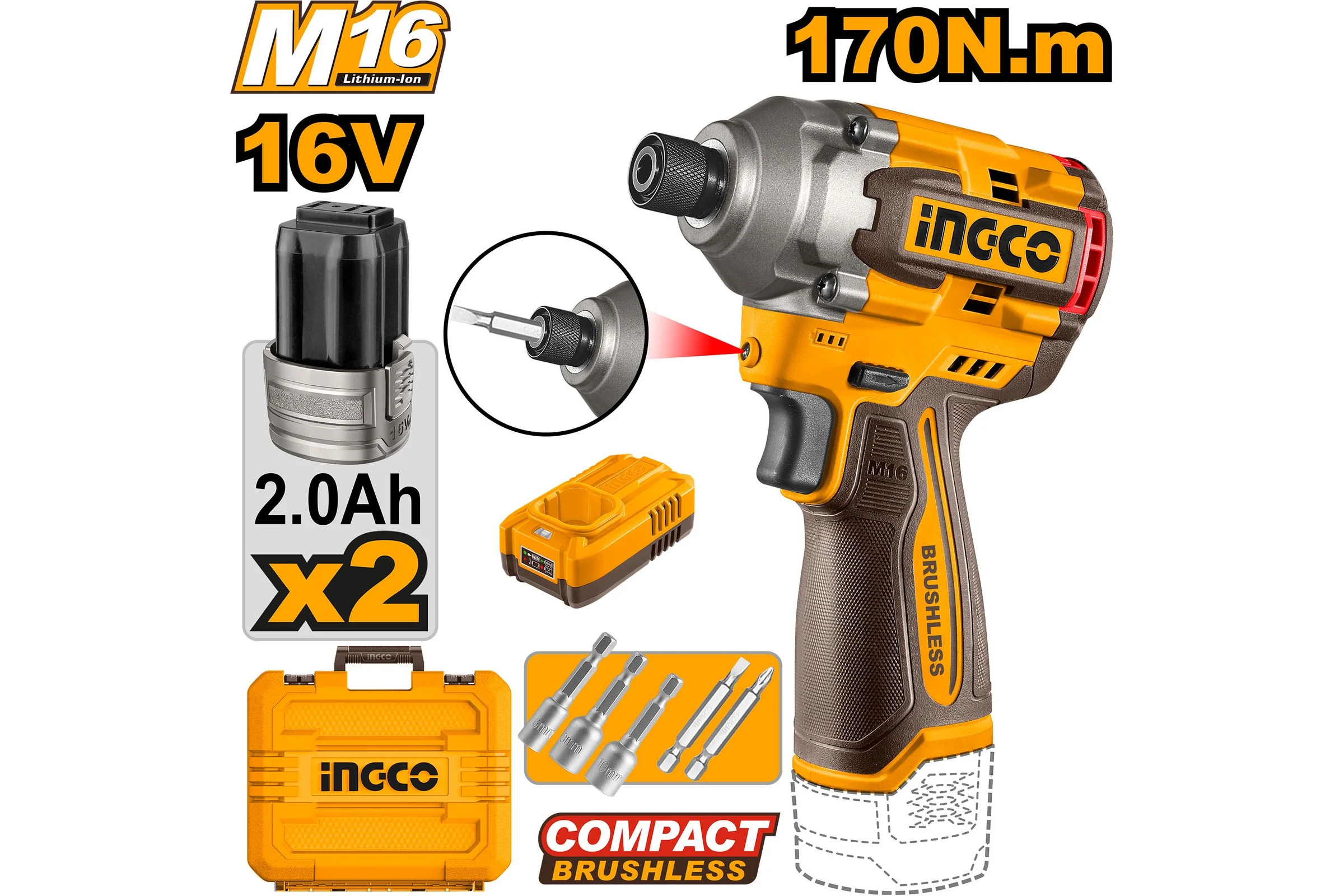 Аккумуляторный ударный шуруповерт INGCO 16В 170 Нм INDUSTRIAL CIRLI16178