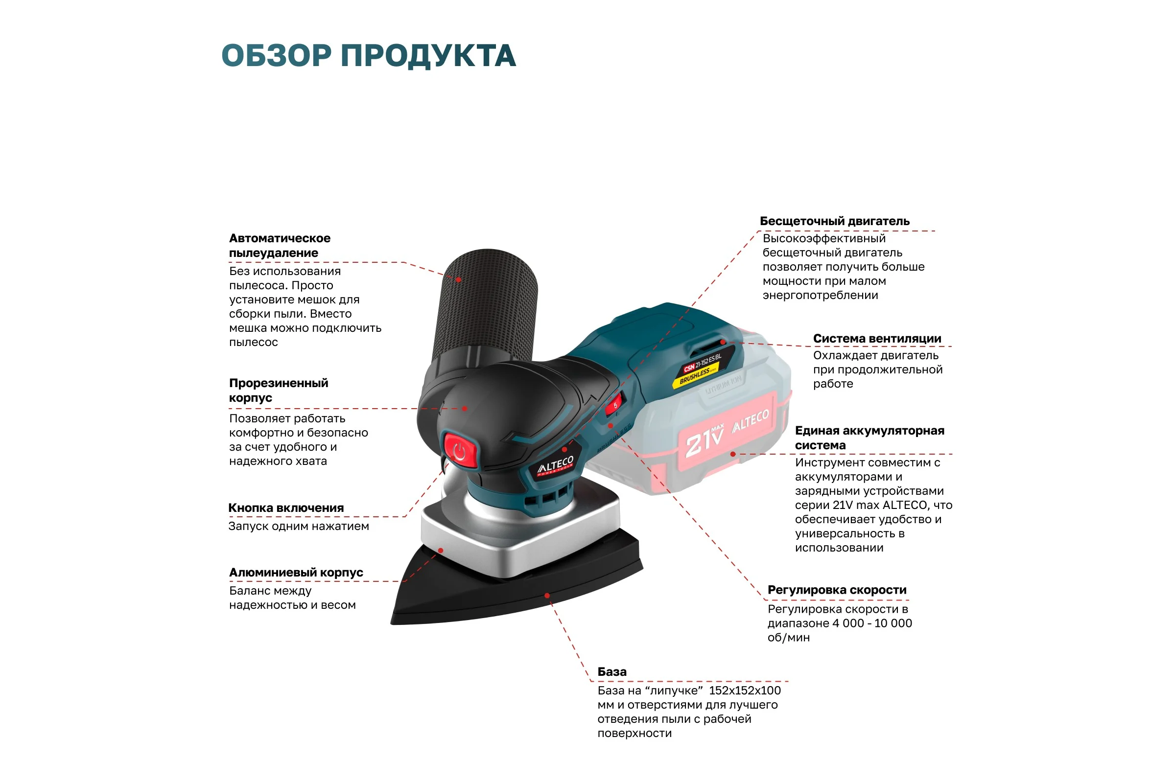Бесщеточная аккумуляторная шлифмашина ALTECO CSN 21-152 ES BL Solo 78003