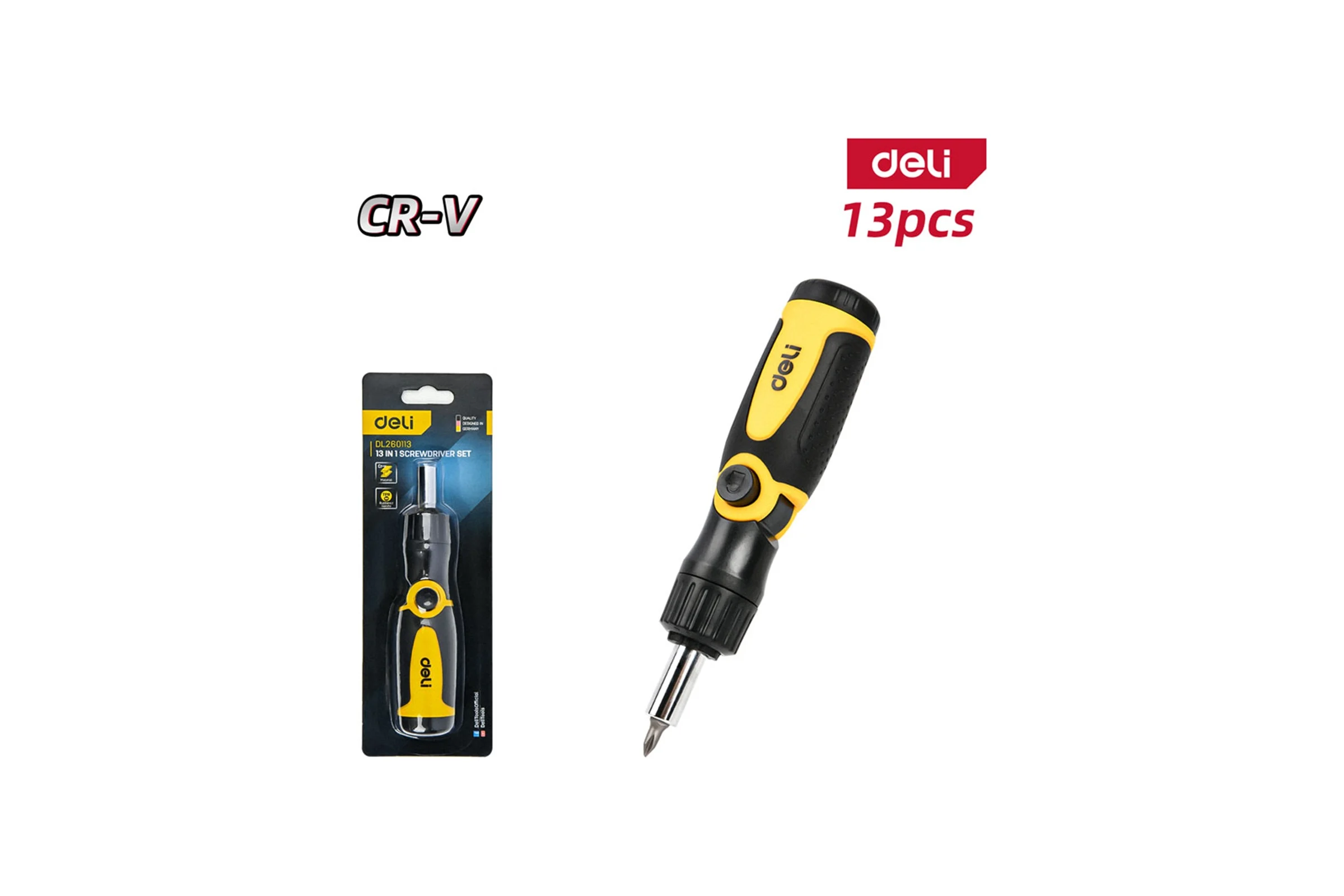 Многофункциональная отвертка с трещоткой DELI13-в-1 DL260113 длина 160мм, 12 бит CrV, прорезиненная рукоять 179573