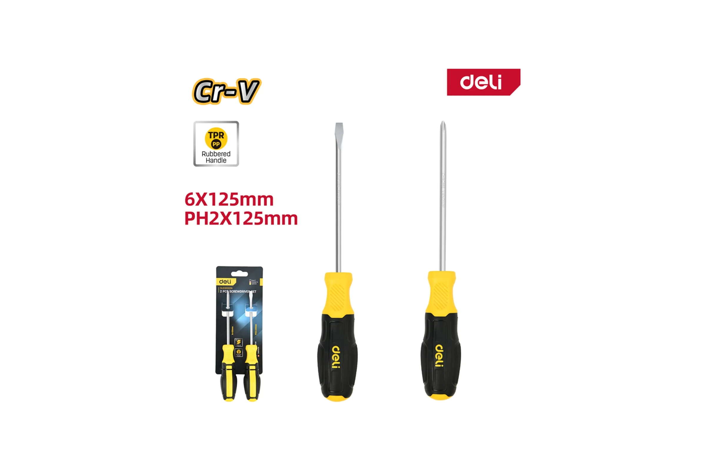 Набор отверток DELI 2 шт, SL6x125 + PH2x125, сталь Cr-V, двухкомпонентная прорезиненная рукоять DL630002N 183593
