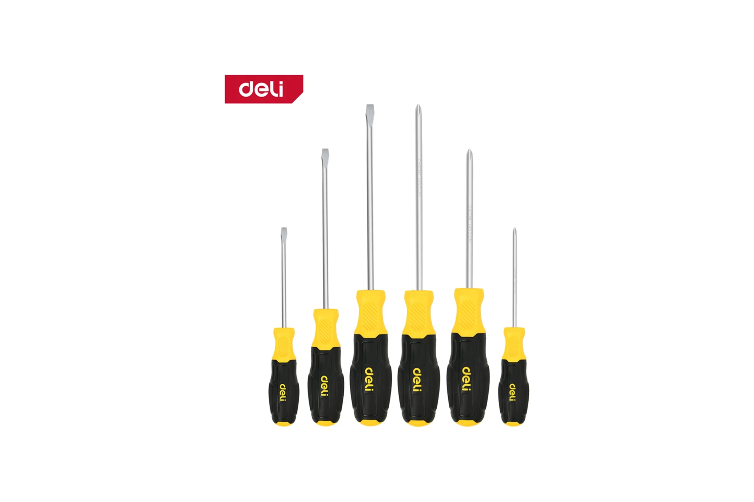 Набор отверток DELI 6 шт DL630006N (SL5/PH1x75 + SL5/PH1x100 + SL6/PH2x150, сталь Cr-V, двухкомпонентная прорезиненная рукоять) 183596